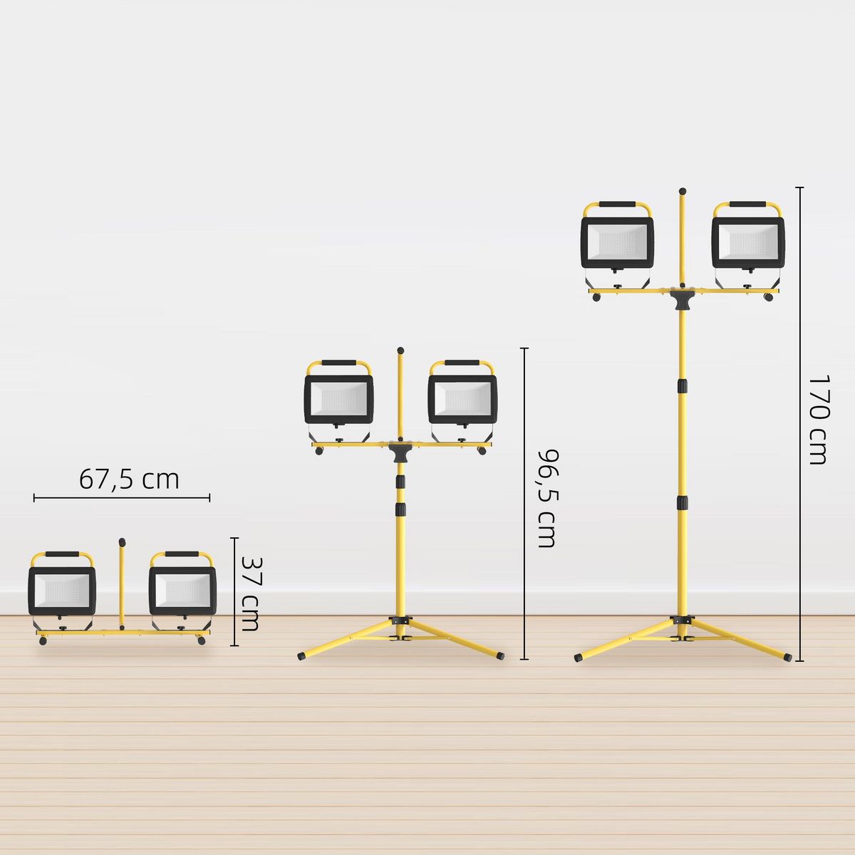HOMCOM Projecteur de chantier sur trépied réglable orientable - 2 x 100W - 17000LM - étanche IP65 - métal jaune