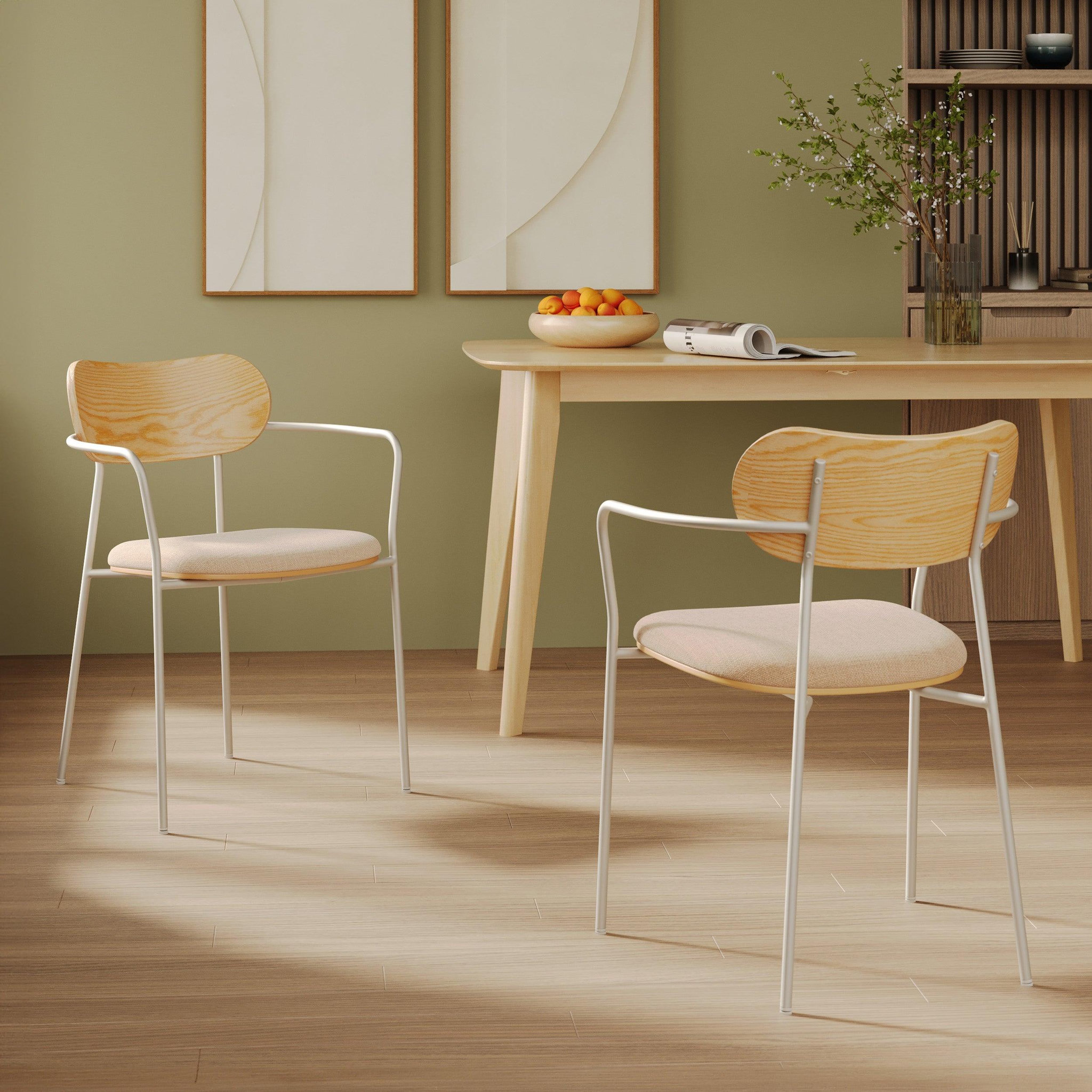 Voir la diapositive 2 : MAISON PAVANE Lot de 2 chaises en tissu beige et placage en bois clair-marine