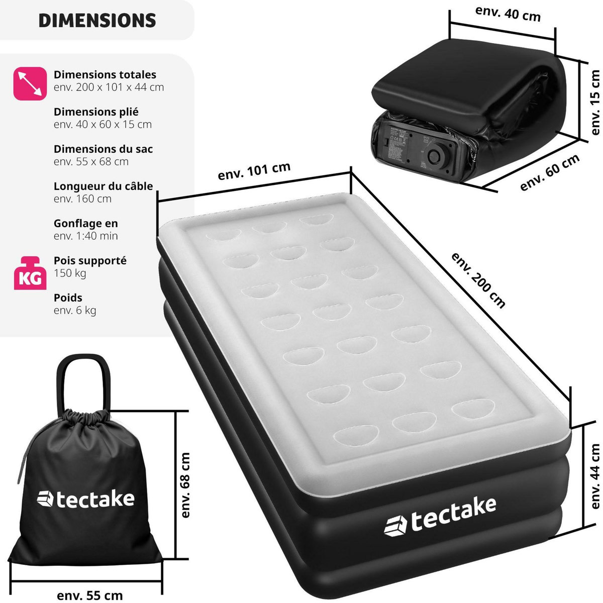 tectake Matelas gonflable avec pompe électrique sac de transport inclus 200x101x44cm