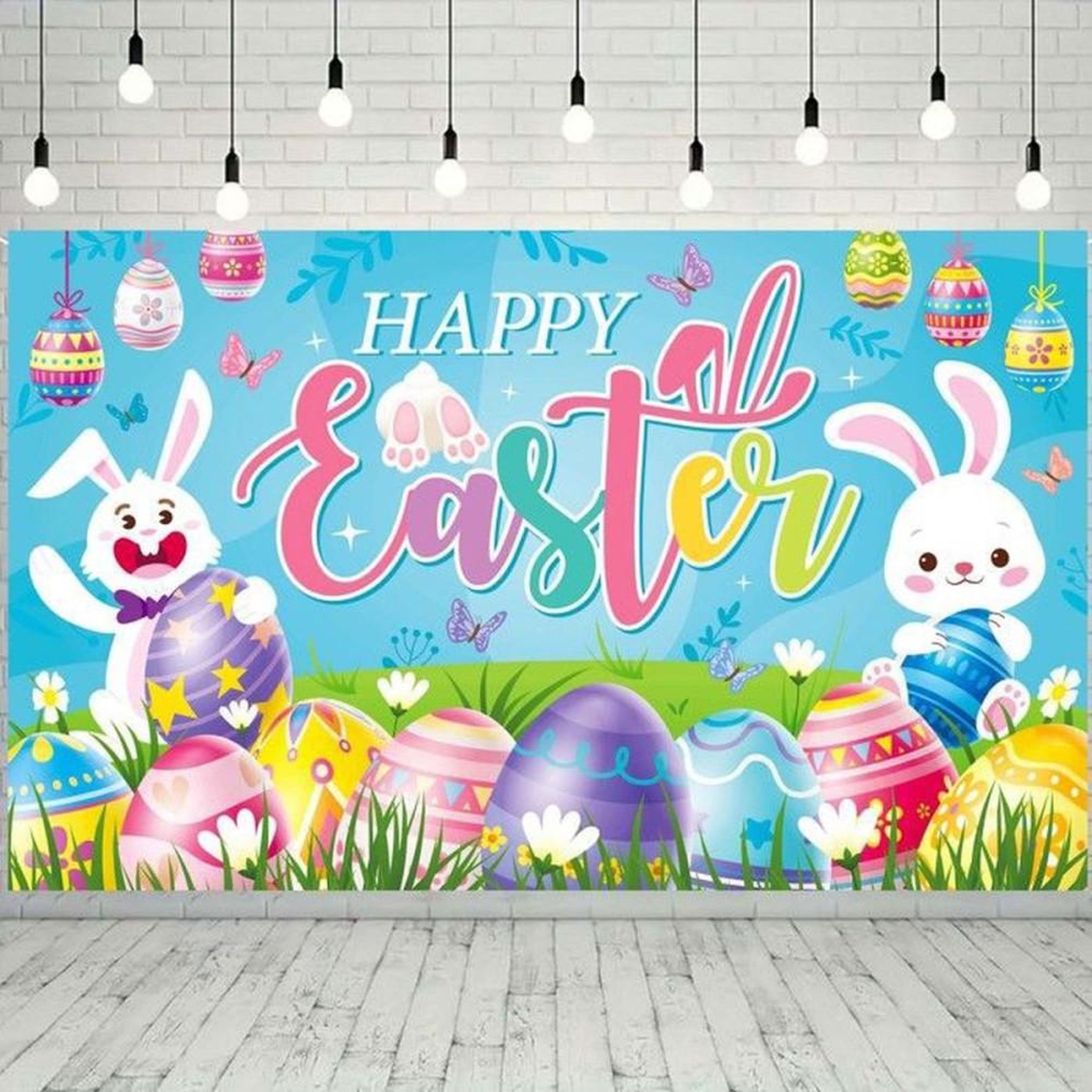 Bannière tissu décorative Joyeuses Pâques rectangulaire avec corde, motif illustré œufs, lapin et poussin, bleu multicolore, 180 x 71 cm