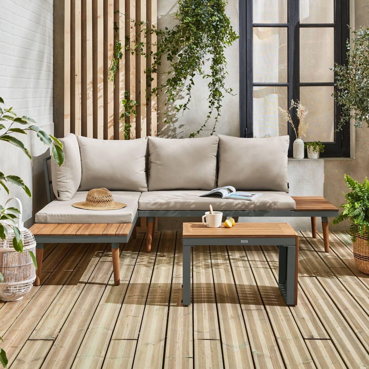 SWEEEK Salon modulable, Sao Paulo,  aluminium et acacia, 4 places 140 x 68 x 65cm