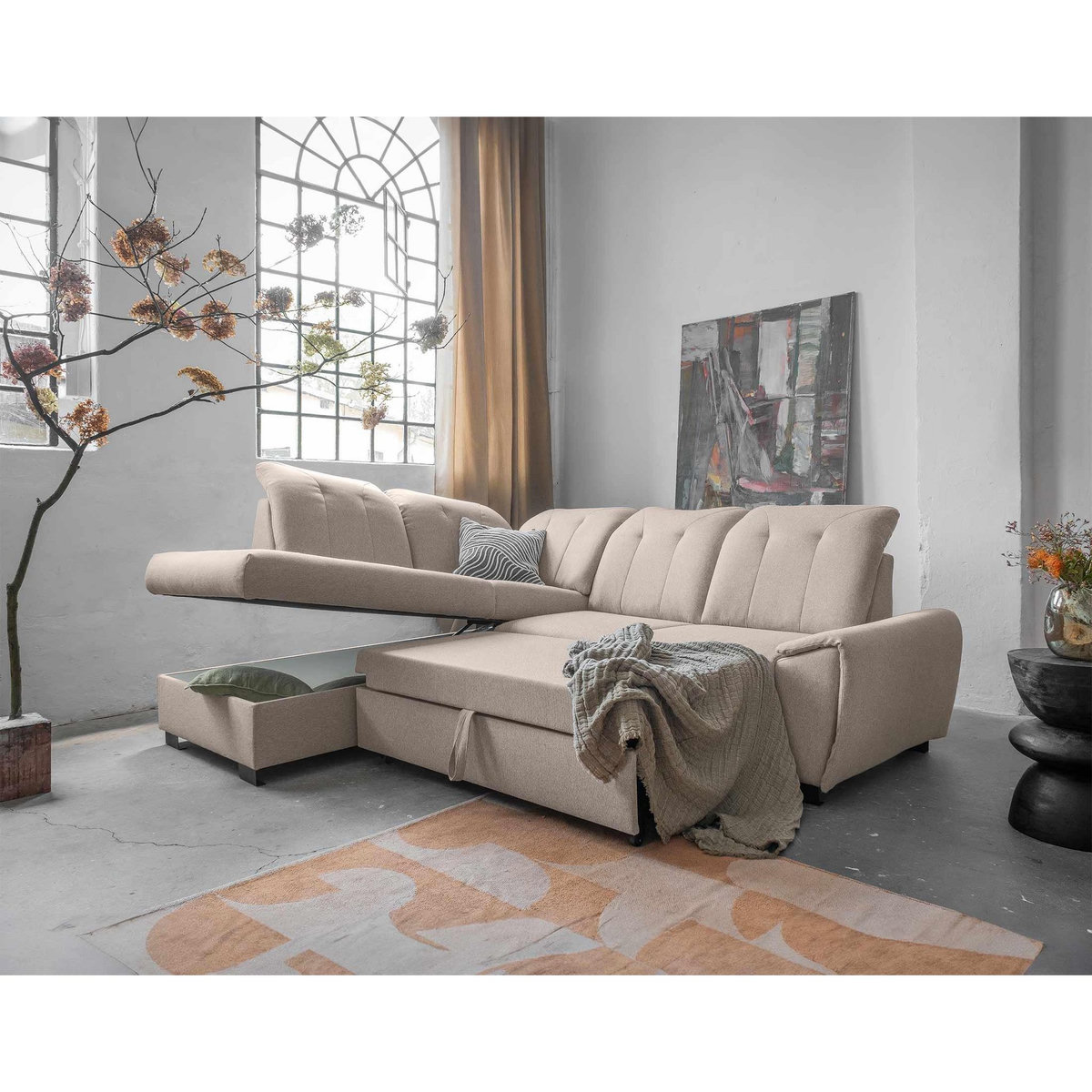 BEST MOBILIER Paul - canapé d'angle gauche - 5 places - convertible avec coffre et têtières - en tissu