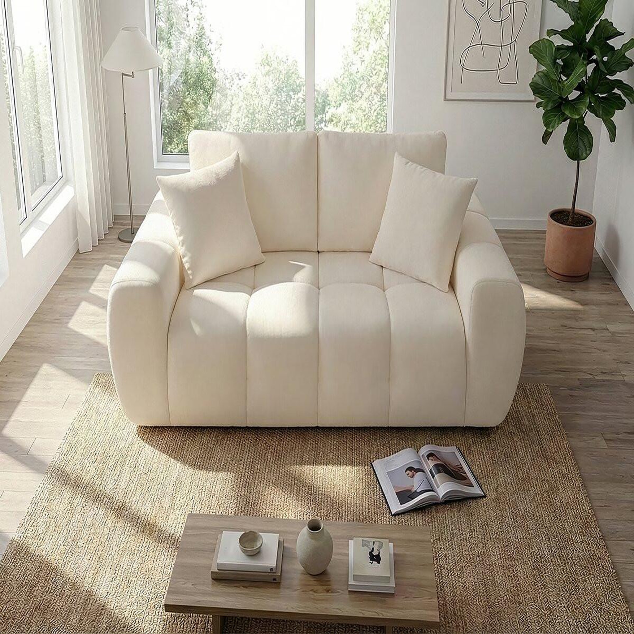 Voir la diapositive 2 : Habitat et Jardin Canapé droit en tissu style bubble  Léonie  - 2 places - Beige