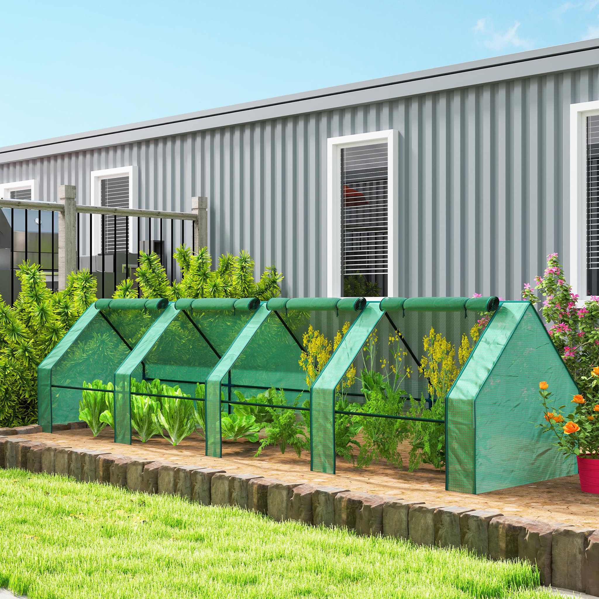 Voir la diapositive 6 : OUTSUNNY Mini serre tunnel de jardin - 4 fenêtres avec zip enroulables - acier pe 140 g/m² anti-uv - 360x90x90cm - vert