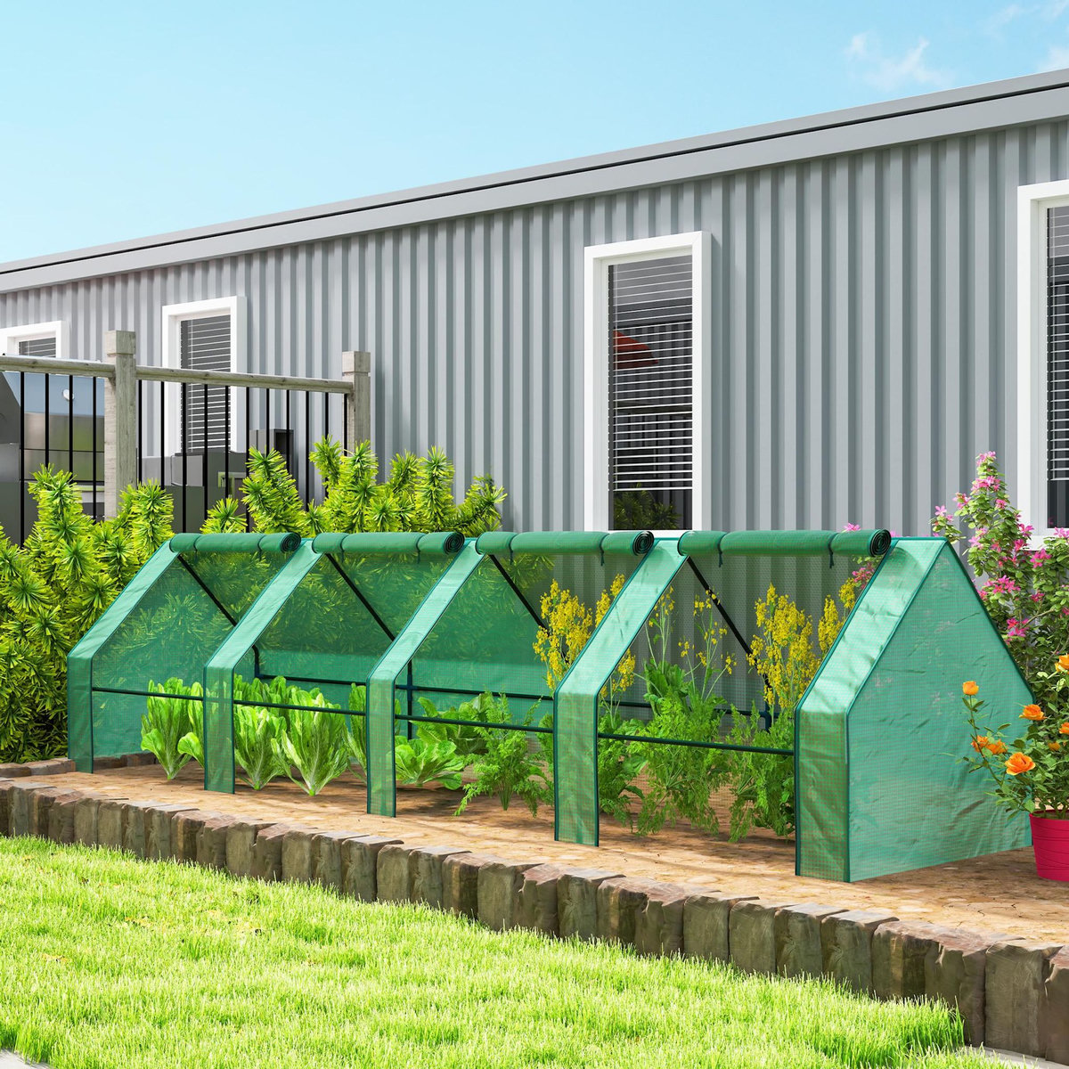 OUTSUNNY Mini Serre tunnel de Jardin - 4 fenêtres avec Zip enroulables - Acier PE 140 g/m² Anti-UV - 360x90x90cm - Vert