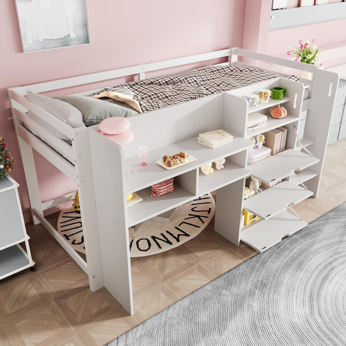 MERAX Lit enfant mi hauteur 90x200cm coloris blanc pin