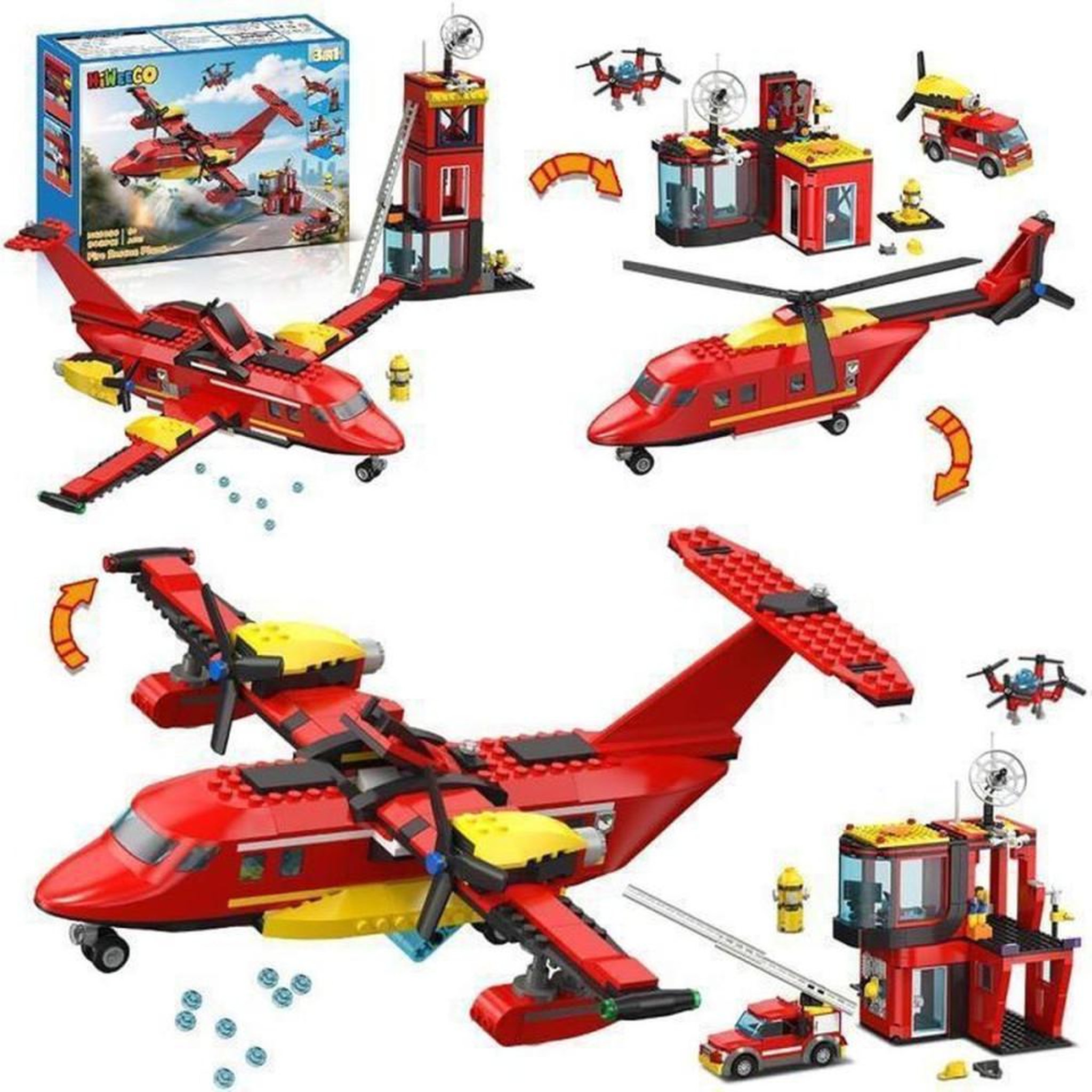 Set de construction 3 en 1, véhicules de secours aérien et camion de pompiers à échelle