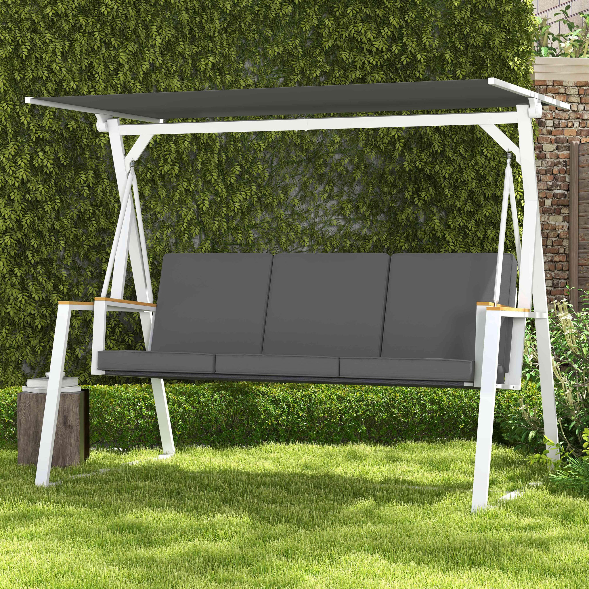 Voir la diapositive 2 : OUTSUNNY Balancelle de jardin design 3 places toit inclinaison réglable matelas fourni acier blanc tissu gris foncé