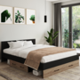 Voir la diapositive 2 : ID MARKET Lit double MINEA avec tiroirs + niches de rangement + tête de lit et sommier 140 x 190 cm façon hêtre et noir