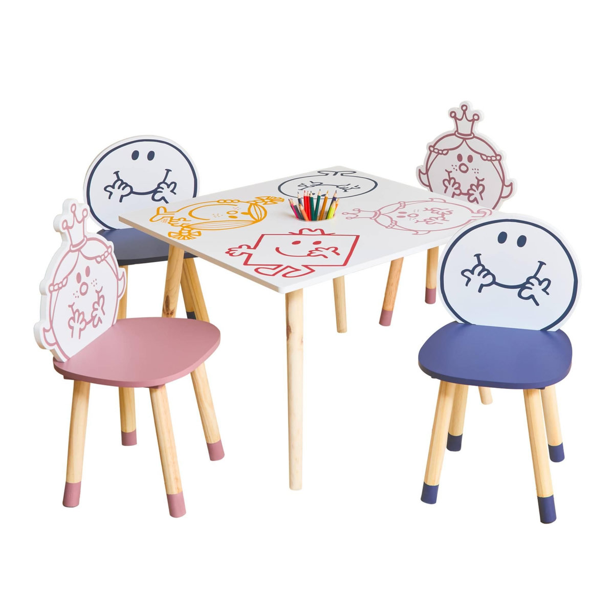 SWEEEK Table pour enfant avec pot à crayon + 2 chaises Madame Princesse + 2 chaises Monsieur Heureux