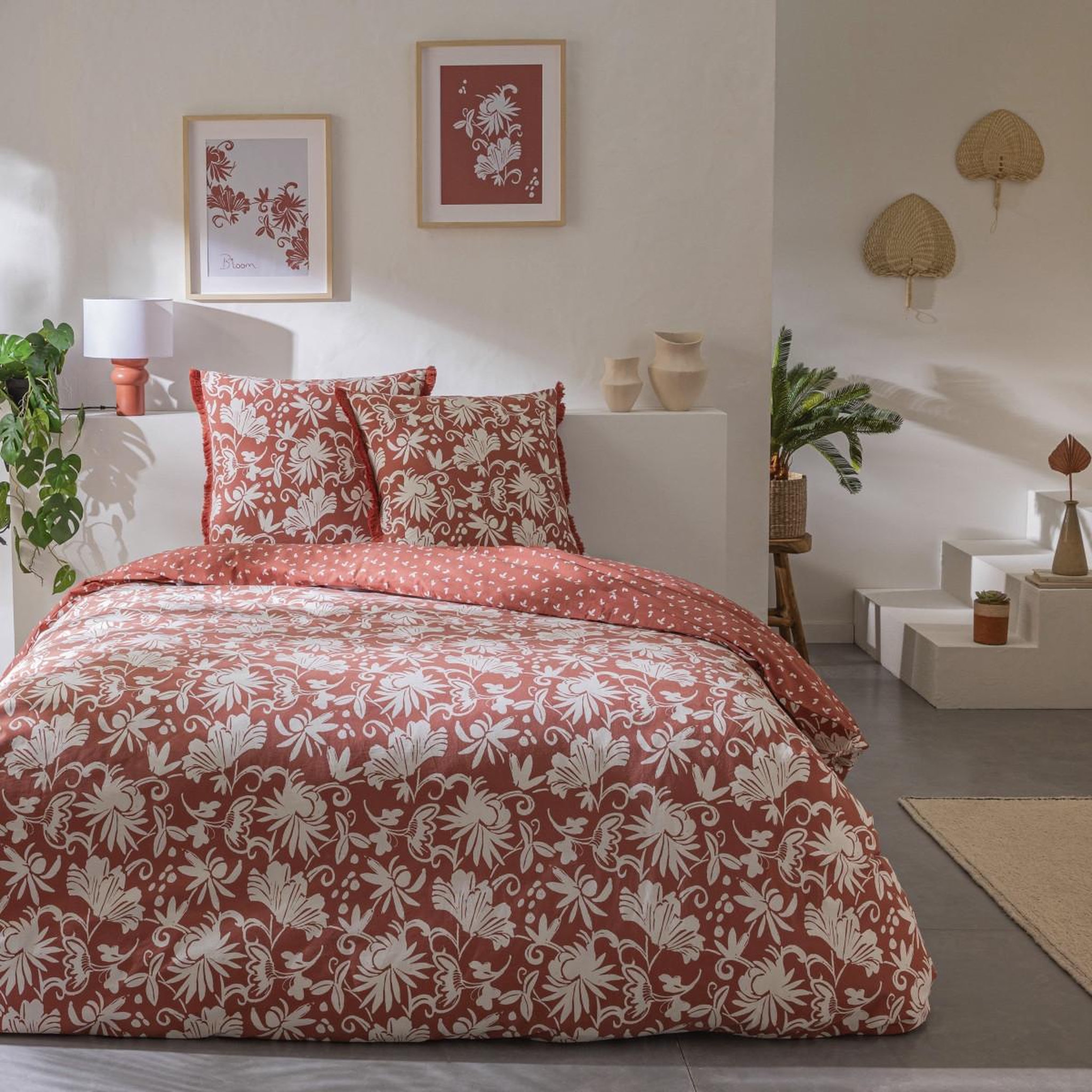 FUTURE HOME Parure de lit 2 personnes floral à franges en coton. Coloris disponibles : Orange