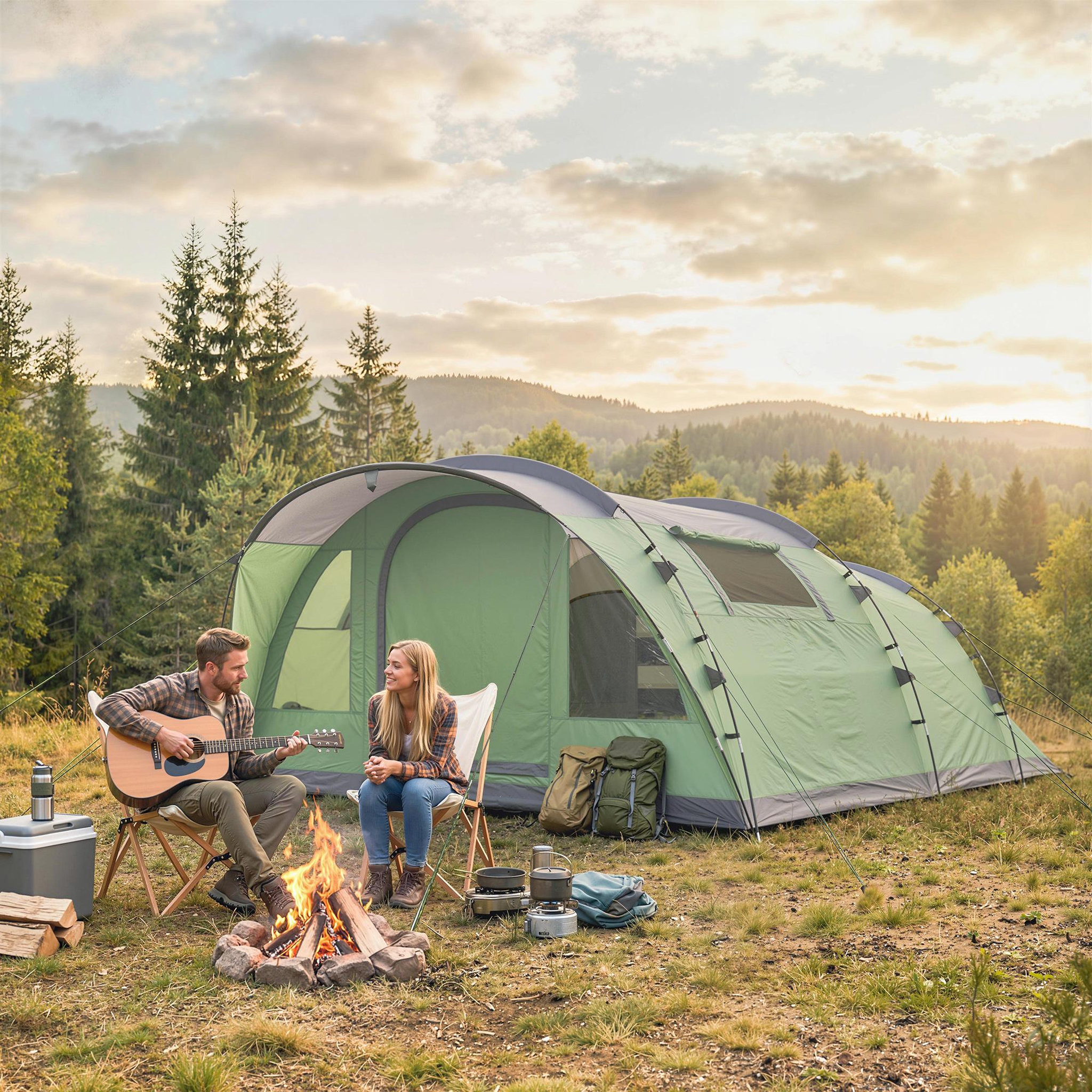 Voir la diapositive 2 : OUTSUNNY Tente de camping tunnel 4 personnes 2 pièces - étanche 3000mm - 505x390x196cm - vert