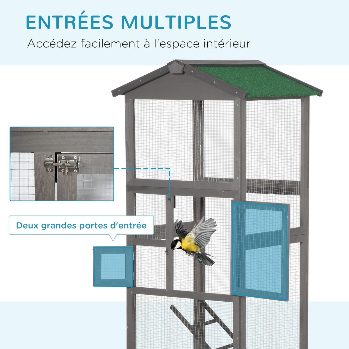 PAWHUT Cage à oiseaux volière grande taille 2 portes toit asphalte tiroir amovible bois gris