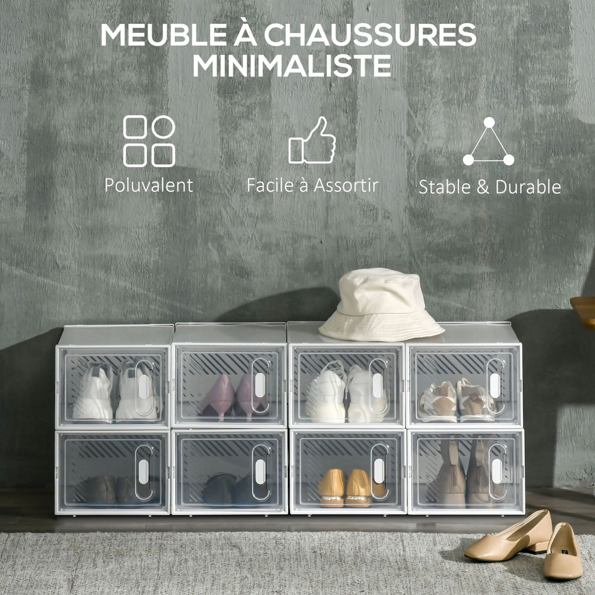 HOMCOM Lot de 8 boites cubes rangement à chaussures modulable avec portes transparentes - dim. 25L x 35l x 19H cm - PP blanc transparent