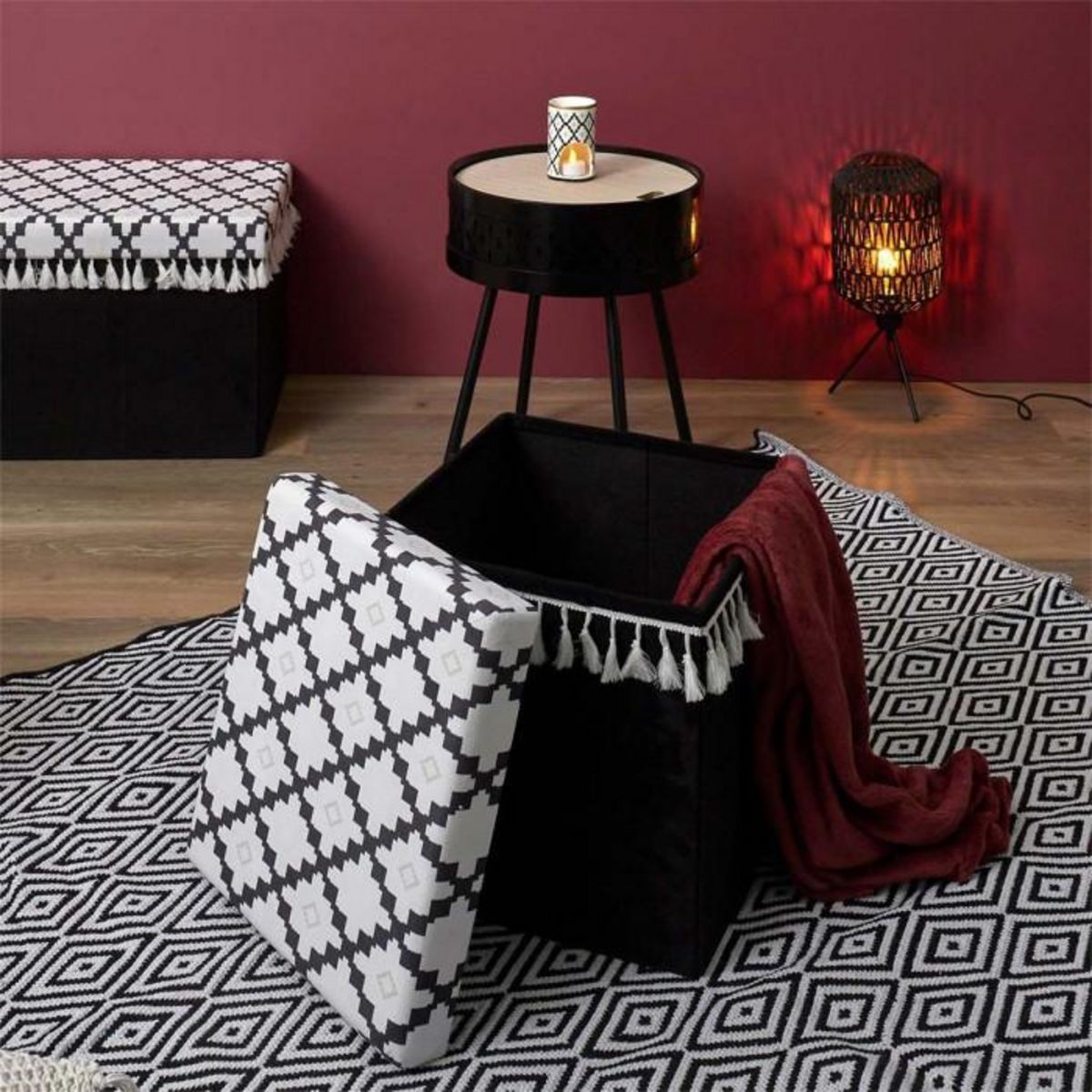 Paris Prix Pouf Pliable & Coffre  Mirage  38cm Noir & Blanc