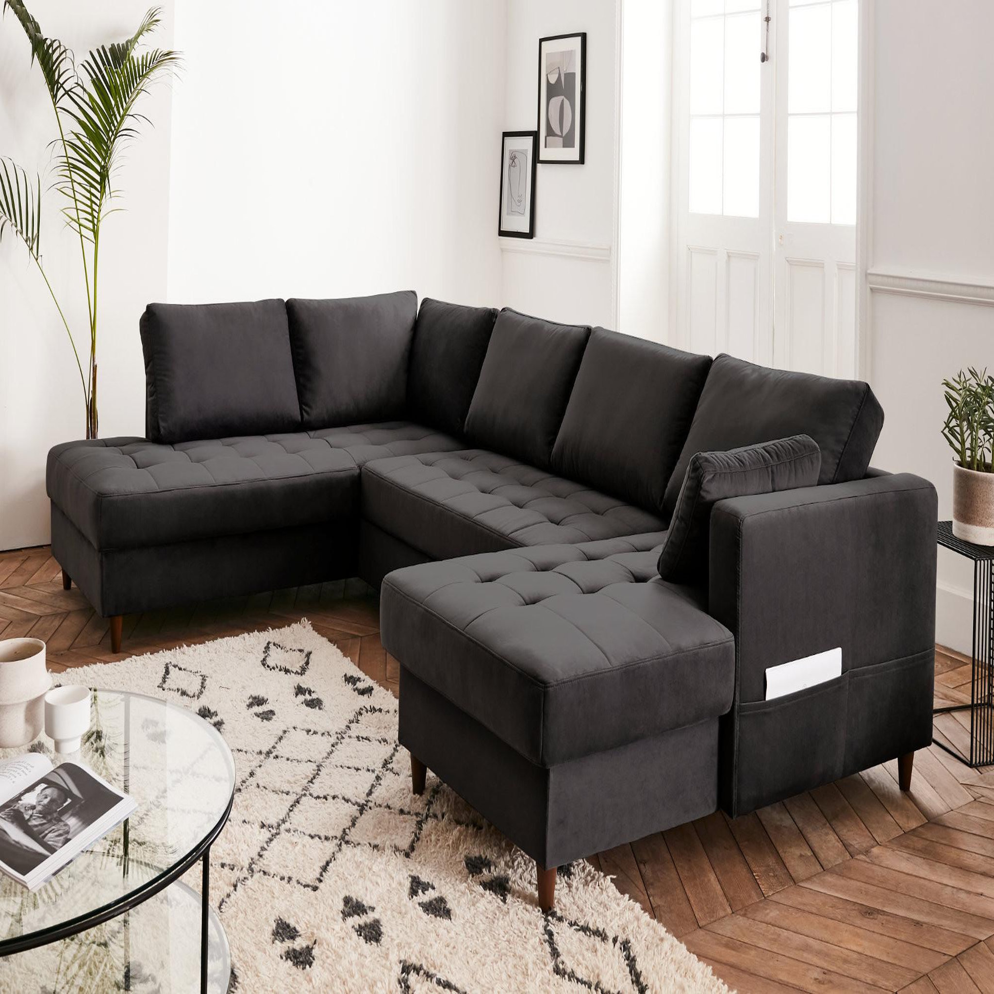 LISA DESIGN Anna - canapé panoramique d'angle gauche - 7 places - convertible avec coffre - en velours. Coloris disponibles : Bleu, Vert, Gris, Orange, Beige
