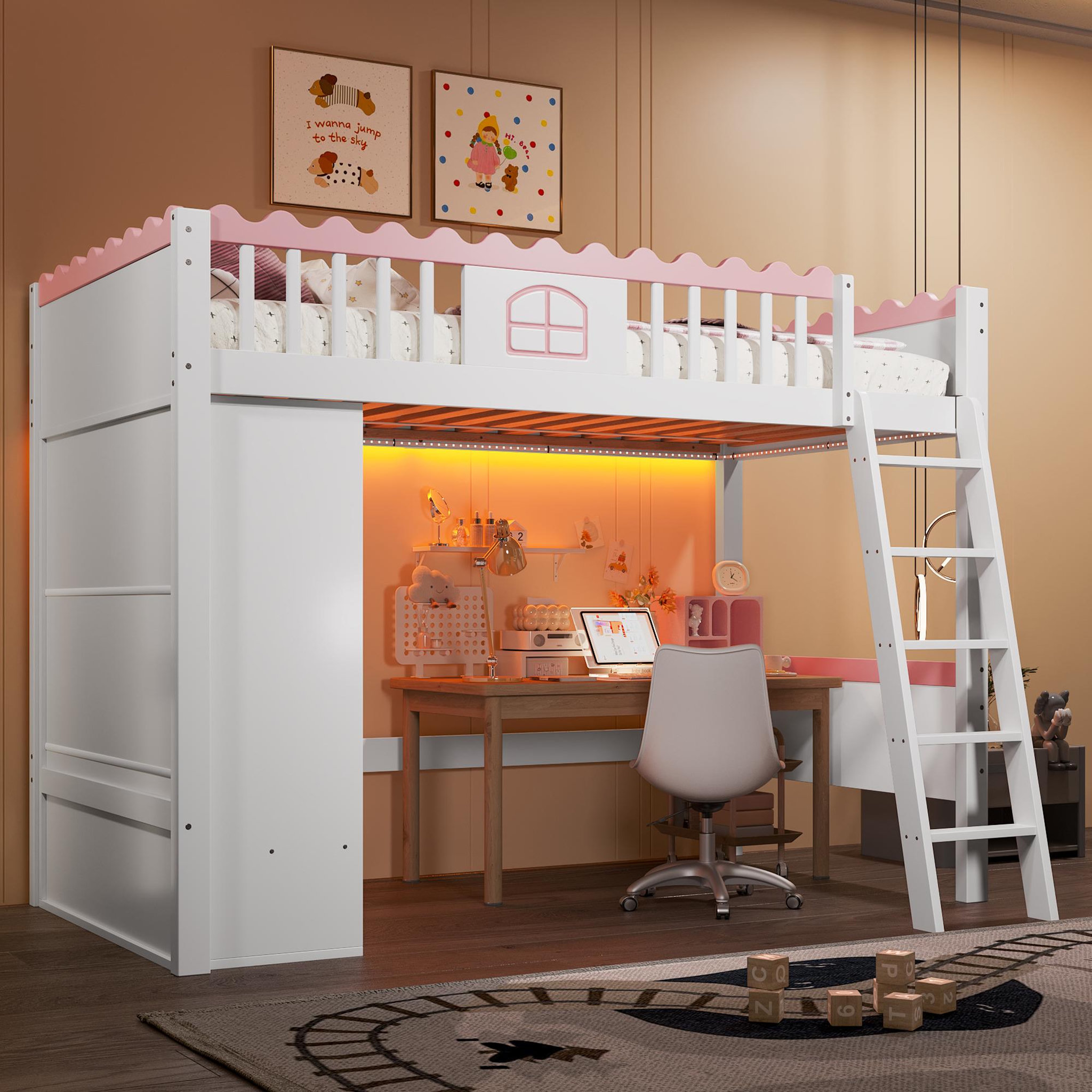 Voir la diapositive 5 : MERAX Lit combiné enfant 90x200cm pin coloris blanc et rose