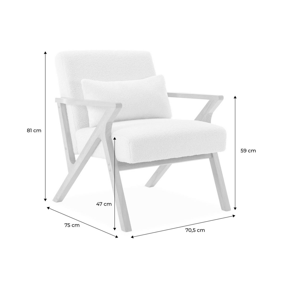 SWEEEK Fauteuil scandinave bois d'hévéa et tissu effet fausse fourrure blanc crème