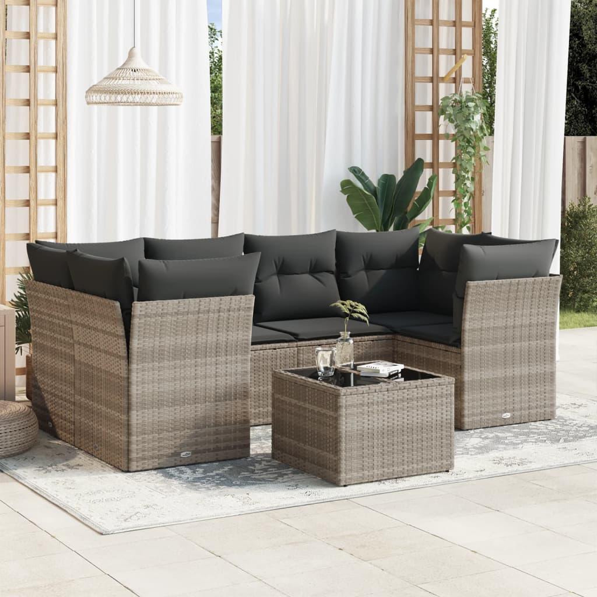 VIDAXL Salon de jardin avec coussins 7 pcs gris clair resine tressee
