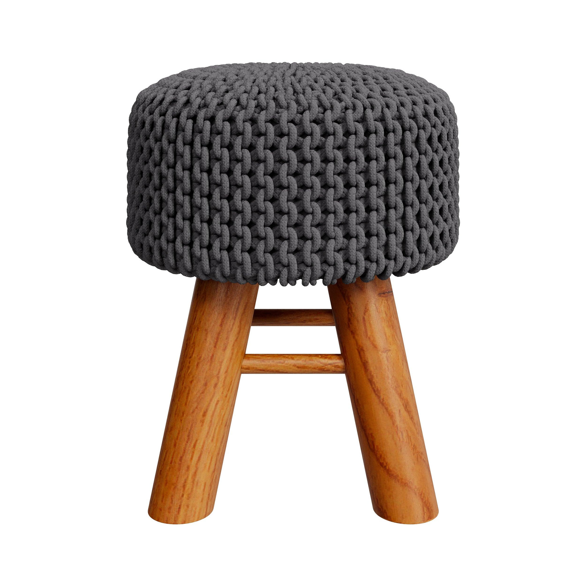 Voir la diapositive 5 : MAISON PAVANE Petit tabouret rond en tricot coton gris foncé et pieds en bois-lisa
