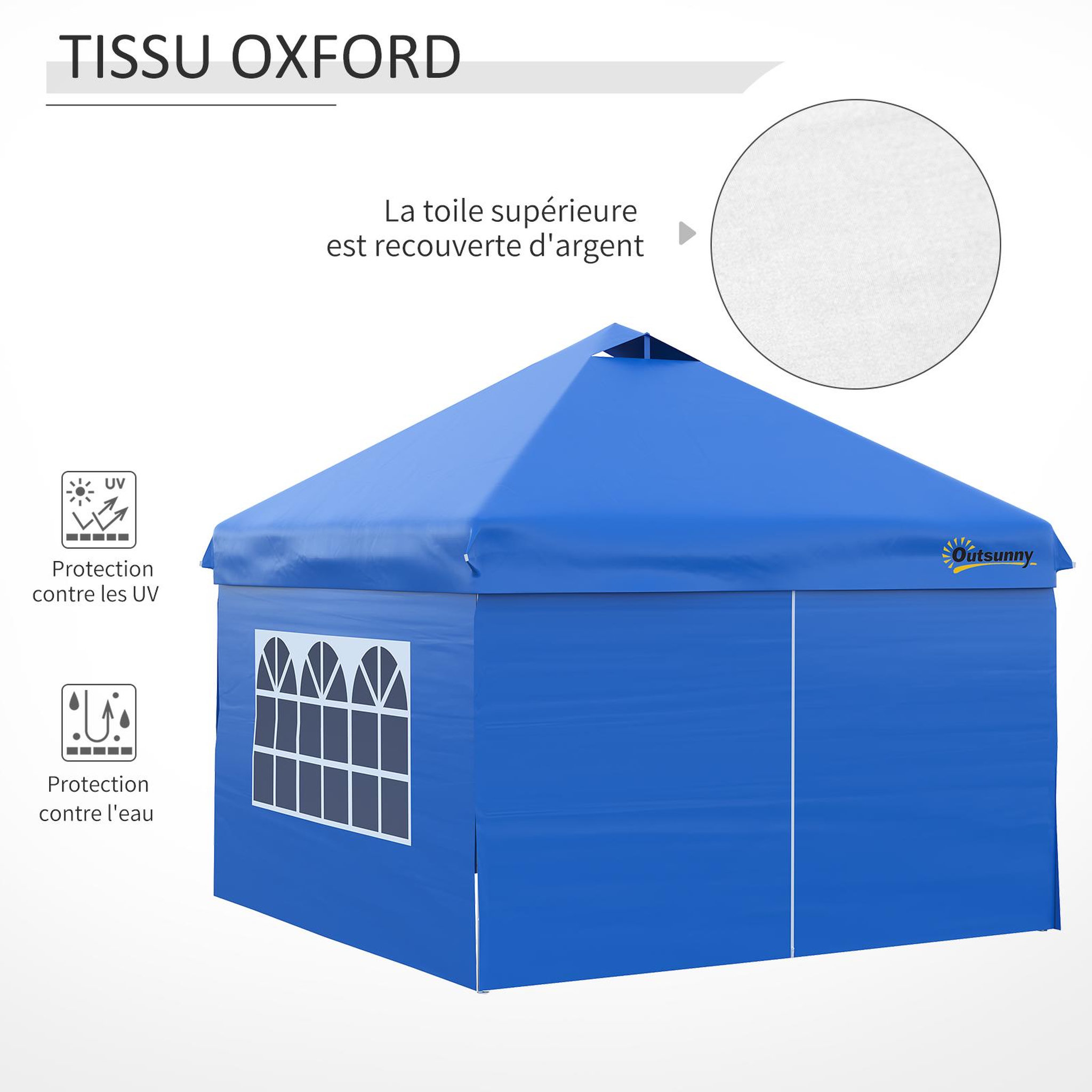 Voir la diapositive 6 : OUTSUNNY Tonnelle barnum pliant pop-up 3L x 3l x 2,84H m 4 parois latérales amovibles 2 fenêtres + sac de transport métal Oxford bleu