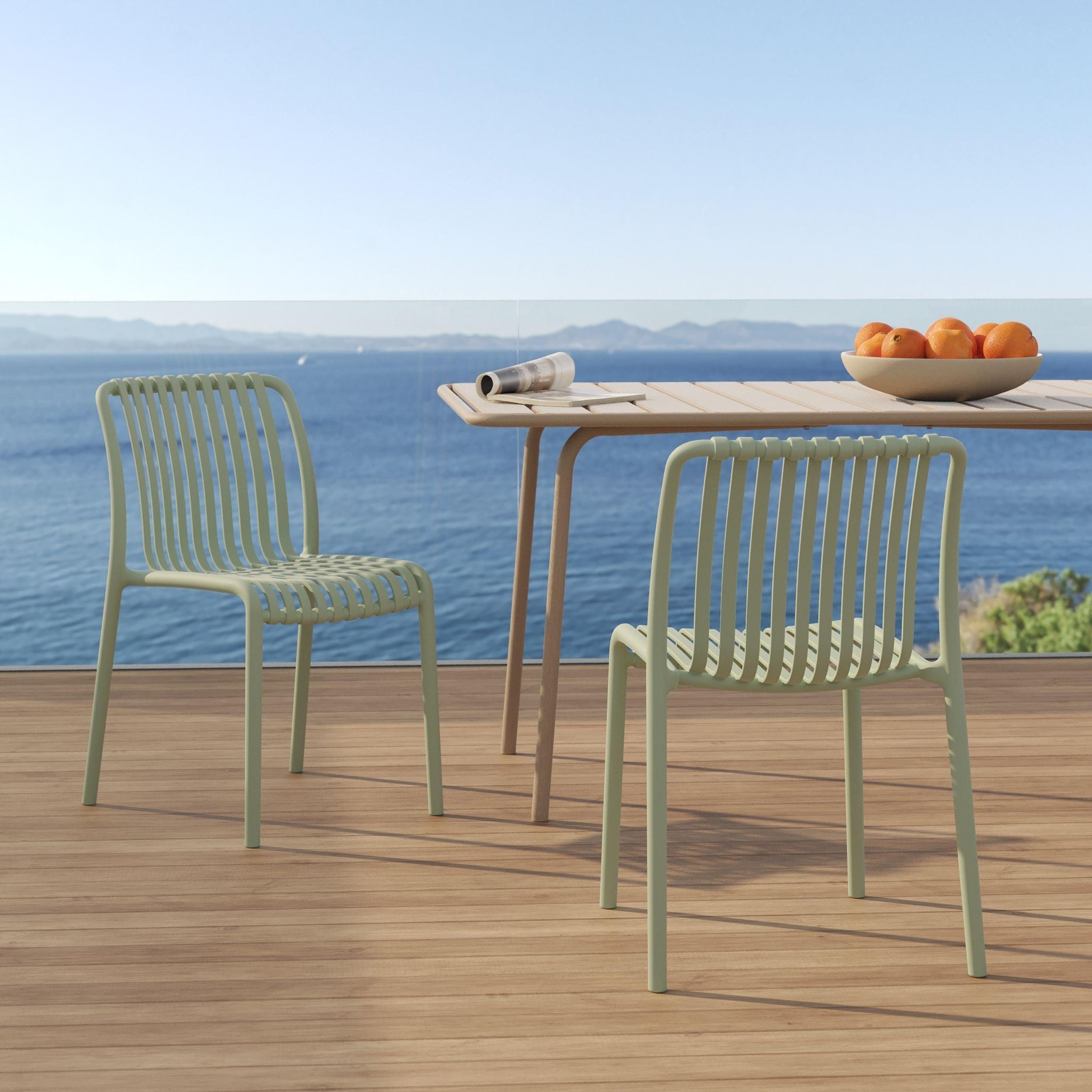 Voir la diapositive 2 : MAISON PAVANE Lot de 2 chaises de jardin empilables en plastique vert pastel-duli