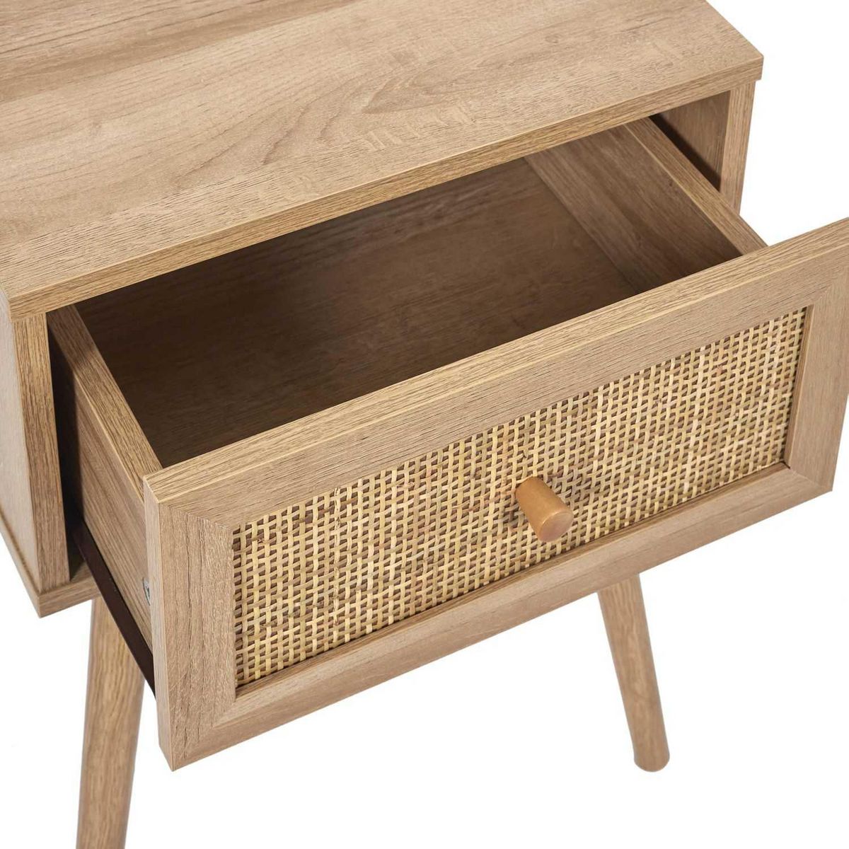 TOILINUX Table de chevet Bali avec 1 tiroir en rotin et panneaux de particules - Beige