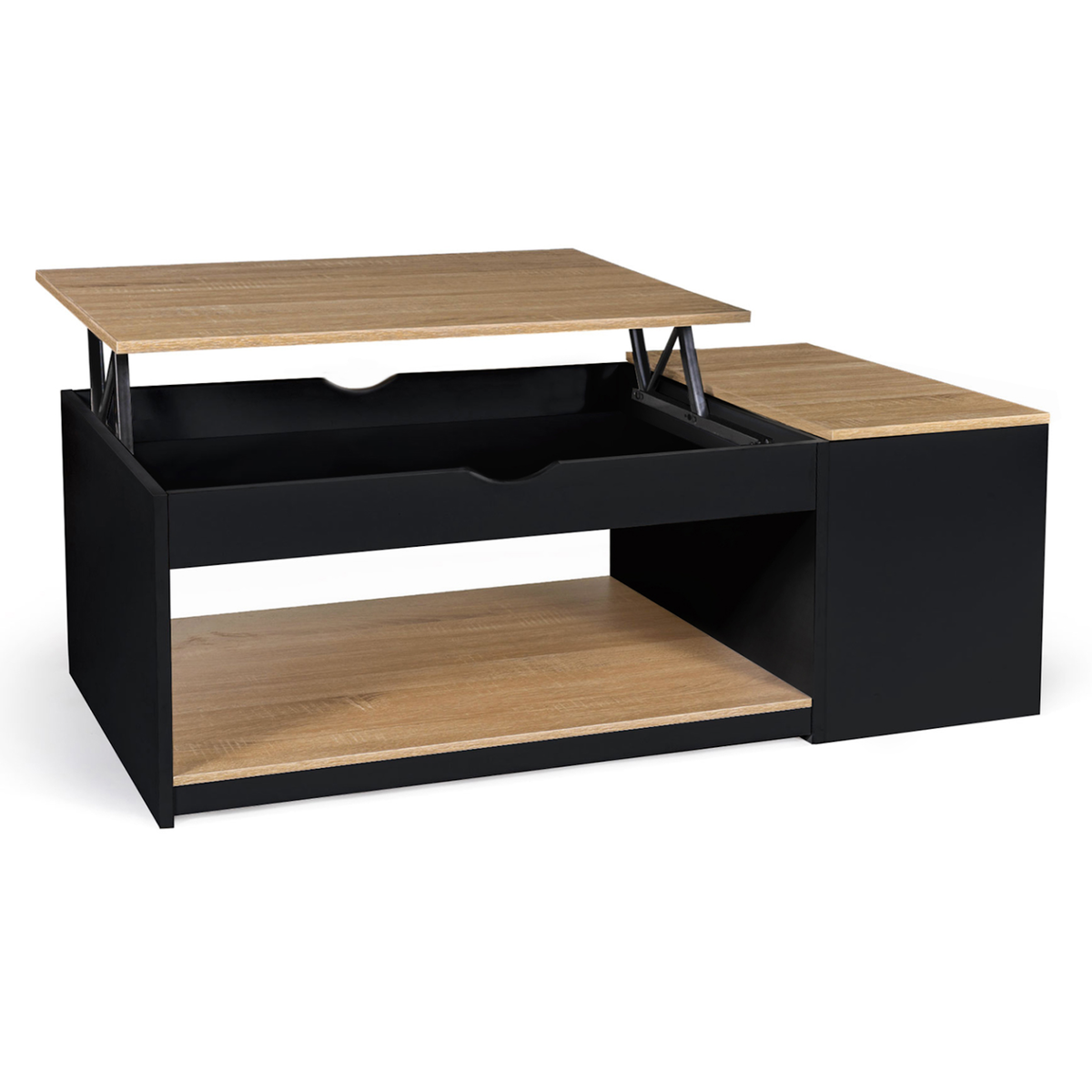 ID MARKET Table basse plateau relevable rectangulaire ELEA avec coffre bois noir et façon hêtre