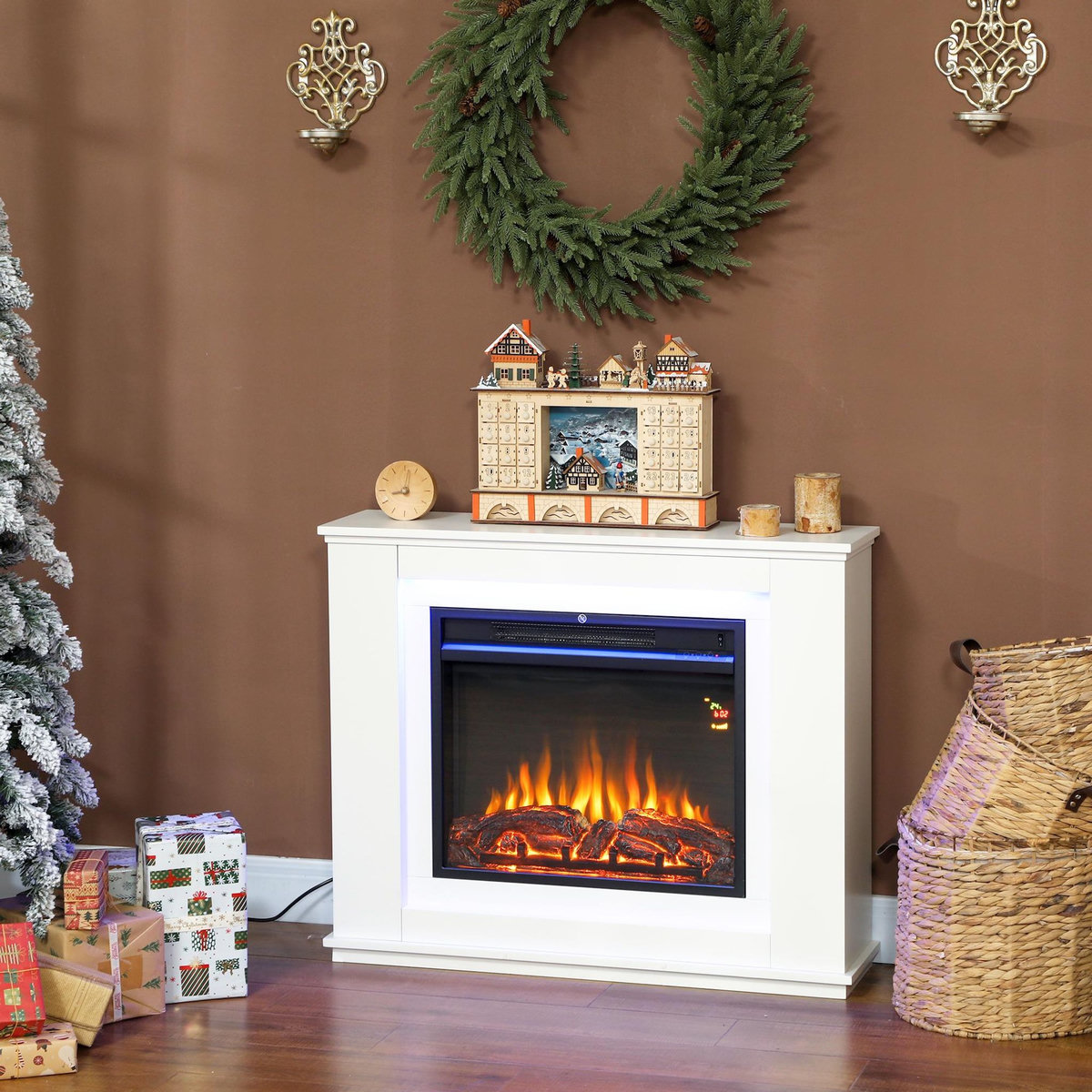 HOMCOM Cheminée électrique design LED multicolore grande taille 98 x 25 x 80 cm 2000W télécommande blanc