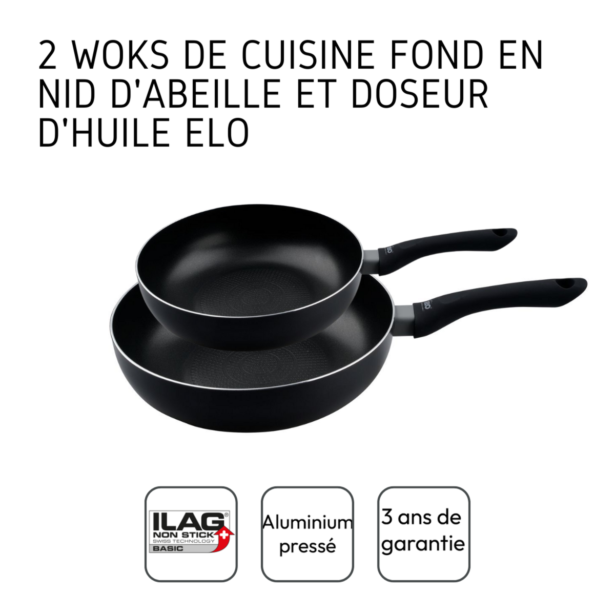 ELO Set de 2 woks de cuisine 20 cm et 28 cm avec fond en nid d'abeille et doseur d'huile Elo Smart Life