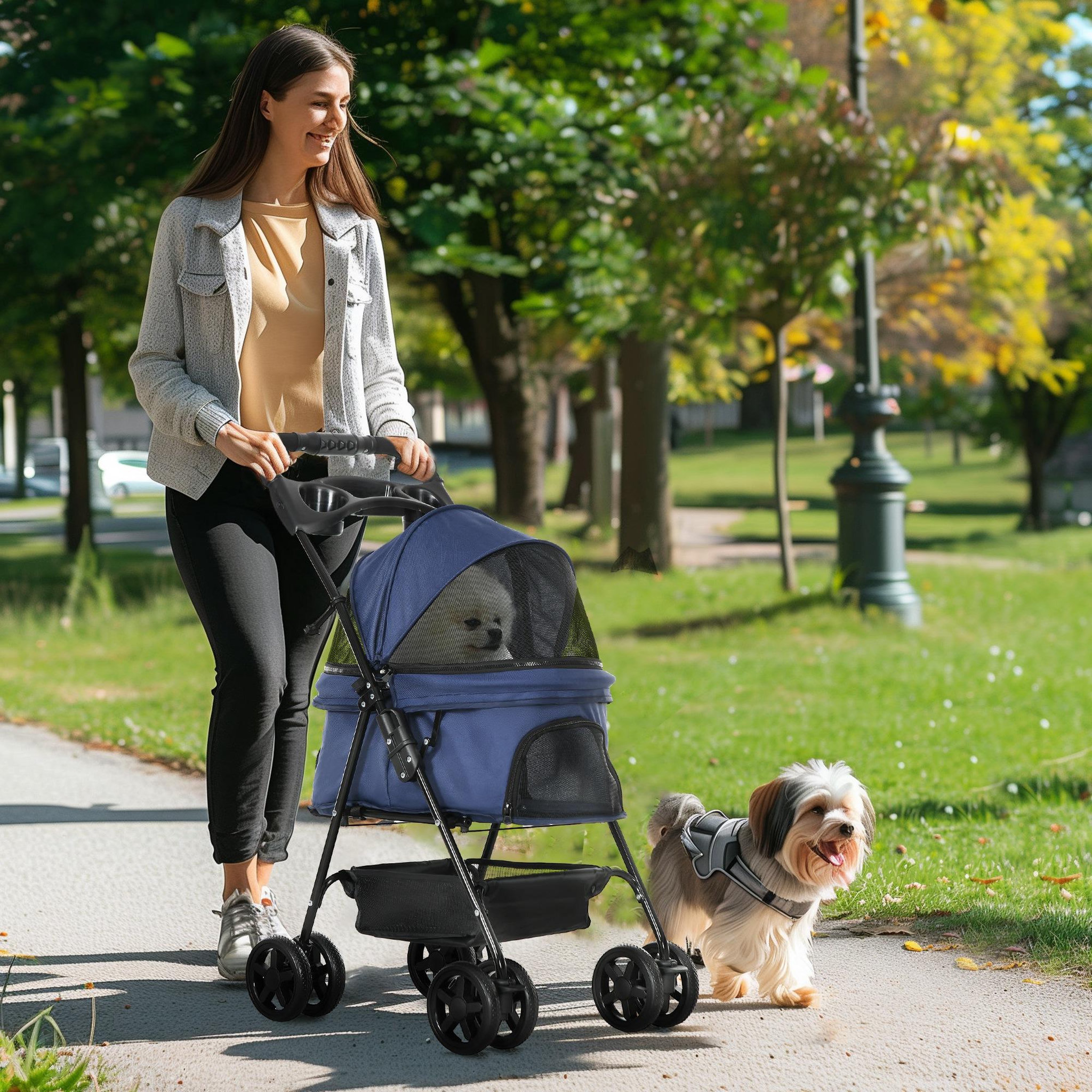 Voir la diapositive 2 : PAWHUT Poussette buggy pliable chien chat panier rangement porte-gobelets tissu 300d oxford imperméable 4 roues bleu