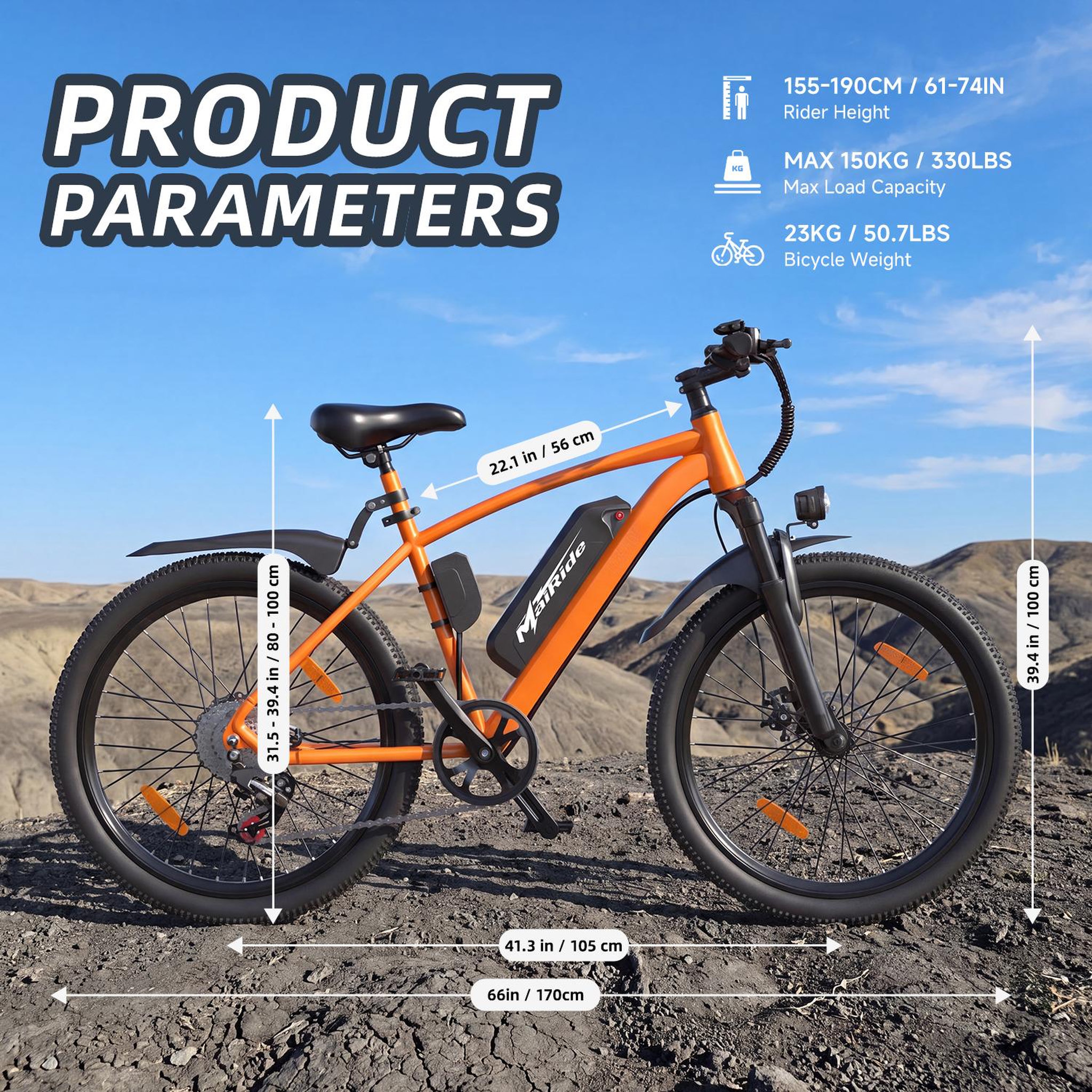 Voir la diapositive 5 : MAIRIDE Vélo électrique 26  mairide q7, 36 v 10 ah, shimano 7 vitesses, orange