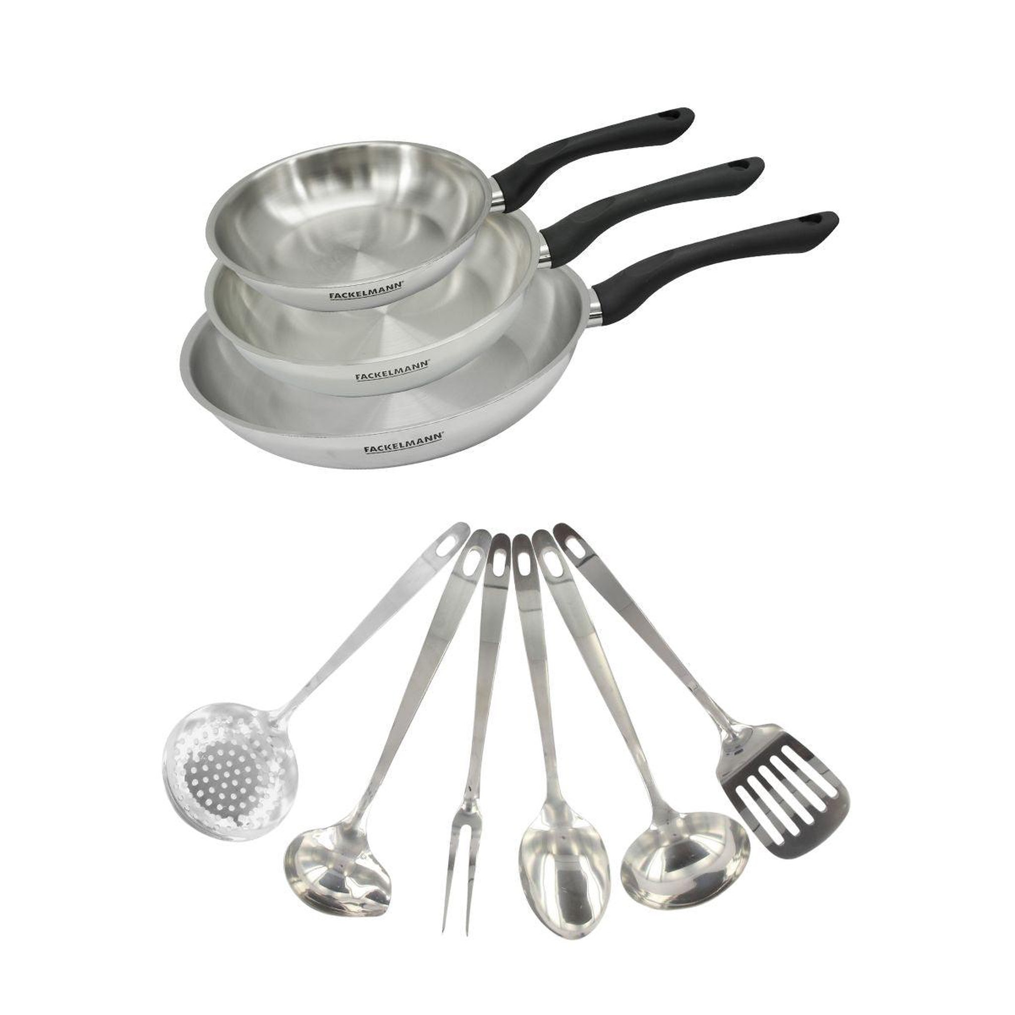 Fackelmann Set 3 poêles 20 24 et 28 cm en inox et 6 ustensiles inox fackelmann geneva