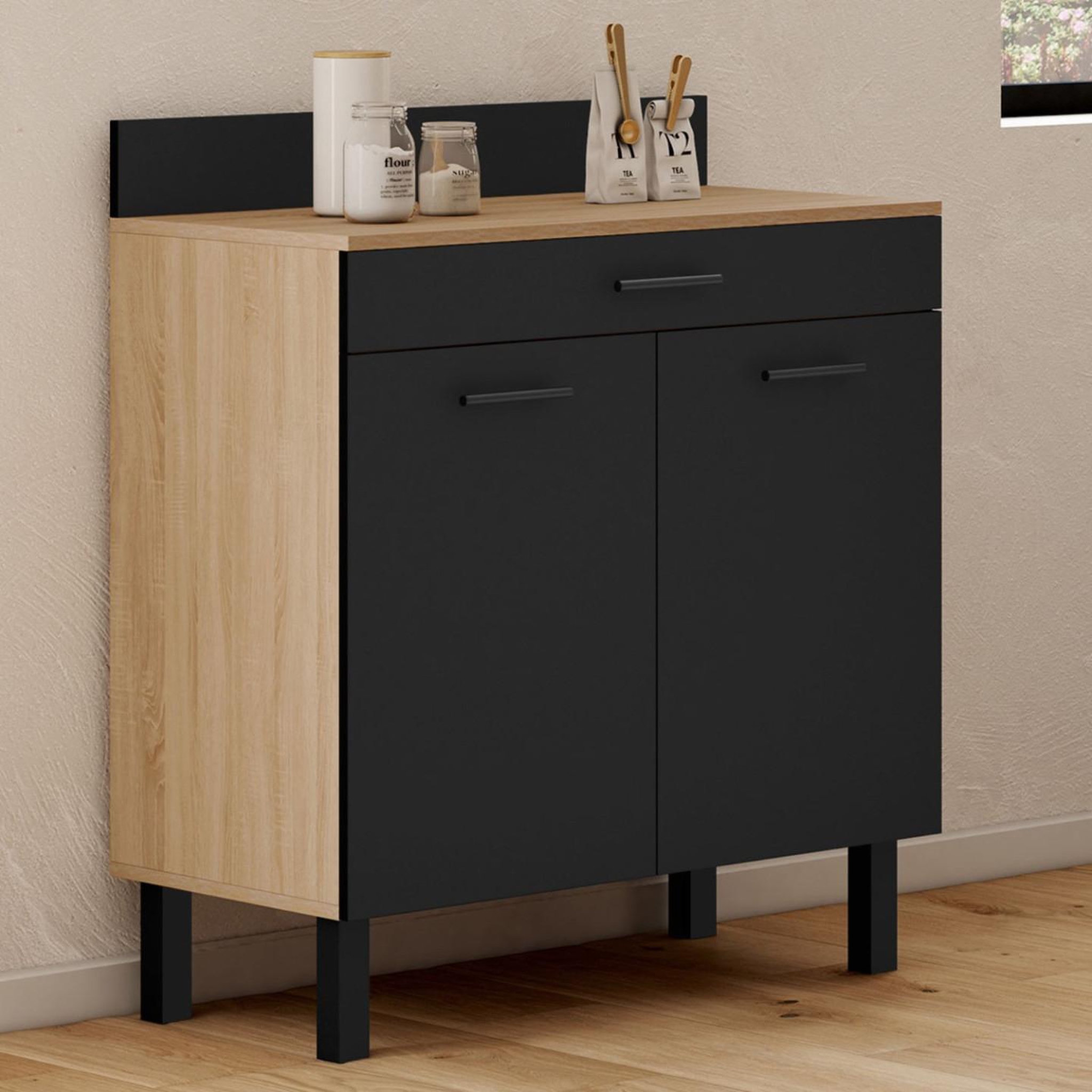 Voir la diapositive 2 : ID MARKET Buffet bas de cuisine 80 cm cina plan de travail h.83 cm 2 portes + tiroir façon hêtre et noir