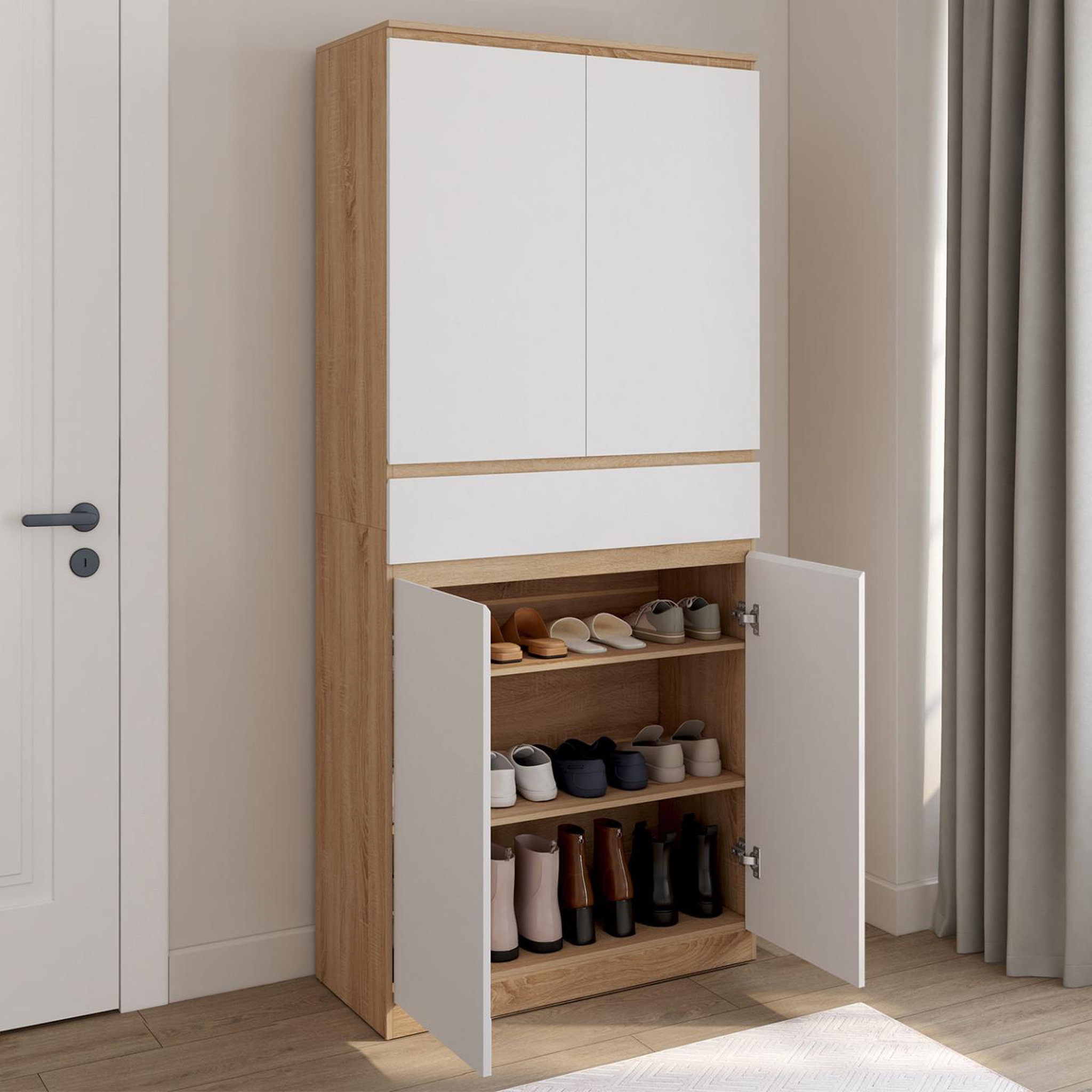 Voir la diapositive 2 : ID MARKET Armoire à chaussures 24 paires tomi 4 portes 1 tiroir façon hêtre et blanc