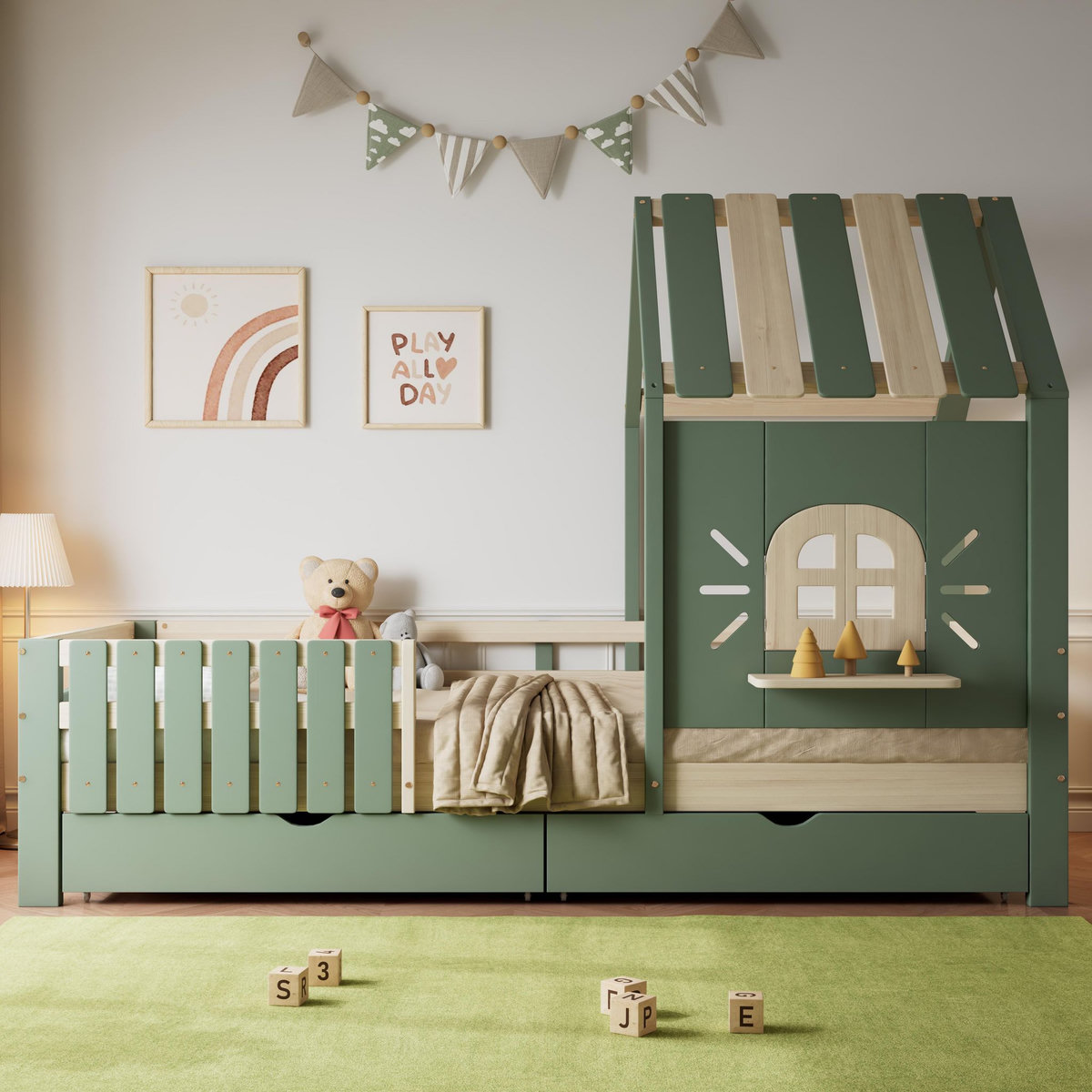 MERAX Lit avec rangement 90x200cm pin coloris vert