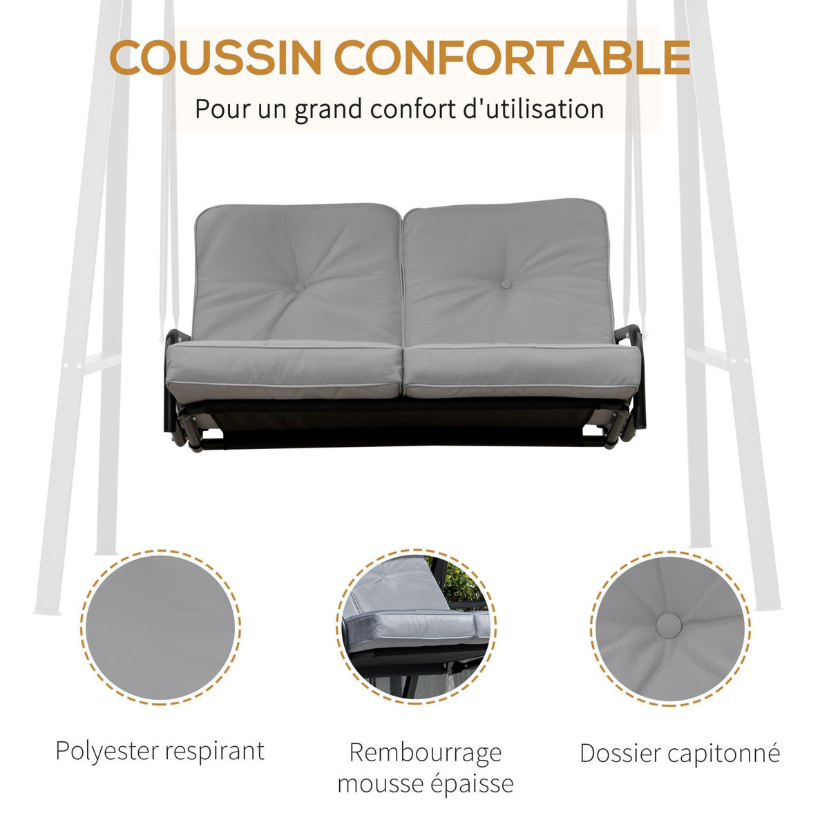 OUTSUNNY Balancelle de jardin 2 places grand confort coussins d'assise et dossier fournis accoudoirs pare-soleil gris