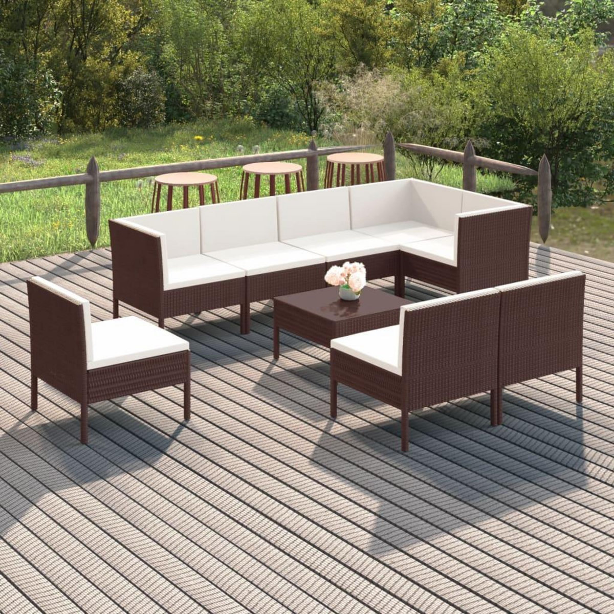 VIDAXL Salon de jardin 9 pcs avec coussins resine tressee marron