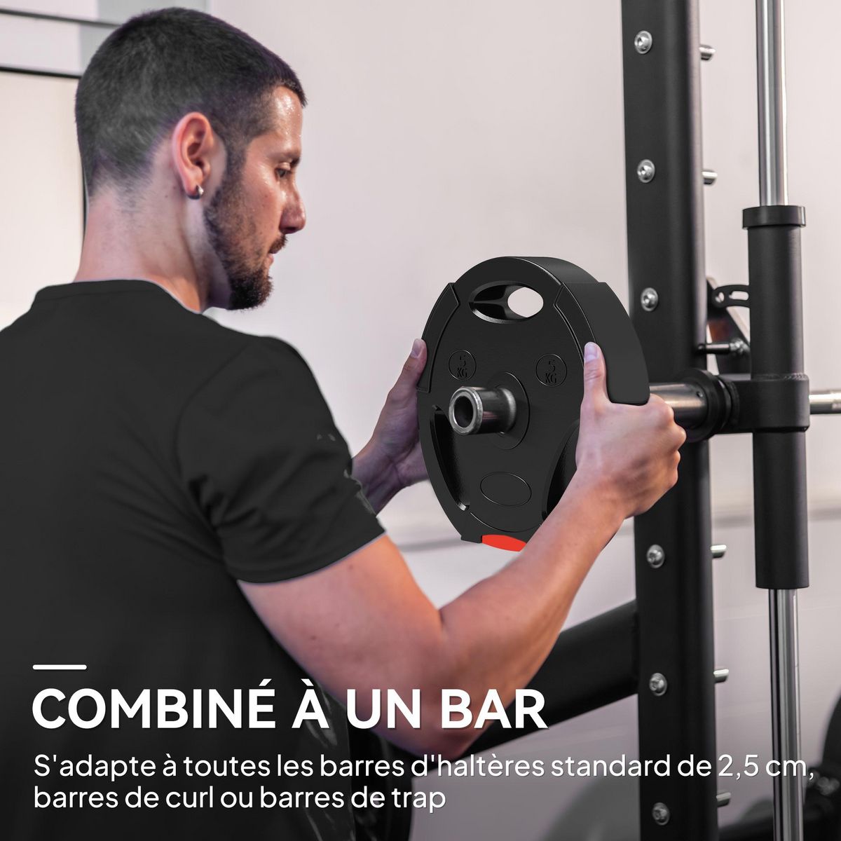 HOMCOM Disques de poids 2 x 5Kg + 2 x 2,5Kg - 3 poignées - trous de Ø25 mm - revêtement PP noir