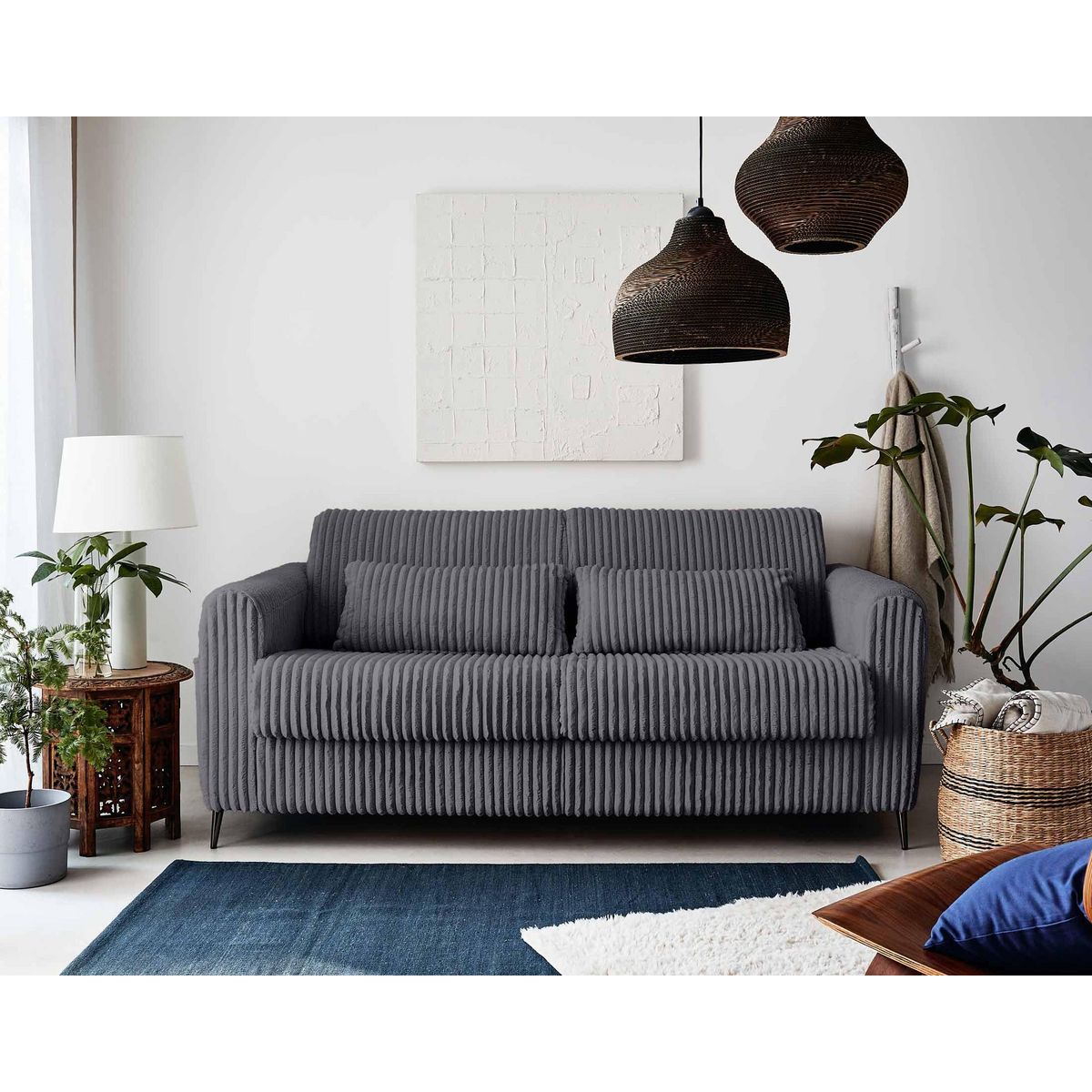 LISA DESIGN Owen - canapé 3 places convertible express couchage quotidien 140 cm matelas 12 cm en velours côtelé grosses côtes