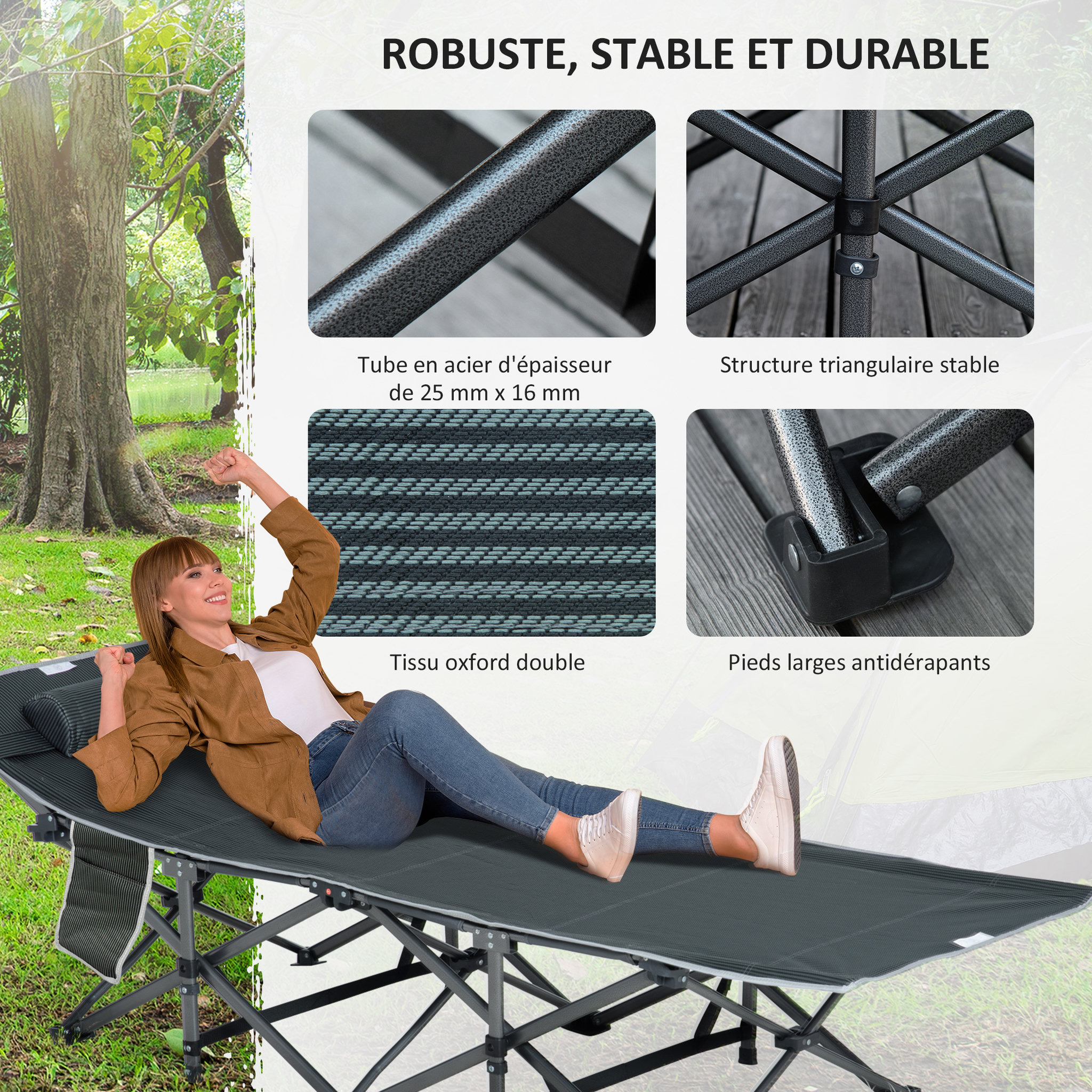 Voir la diapositive 4 : OUTSUNNY Lit de camp lit d'appoint pliable dim. 188L x 64,5l x 53H cm pochette rangement, tétière, sac de transport inclus métal Oxford gris