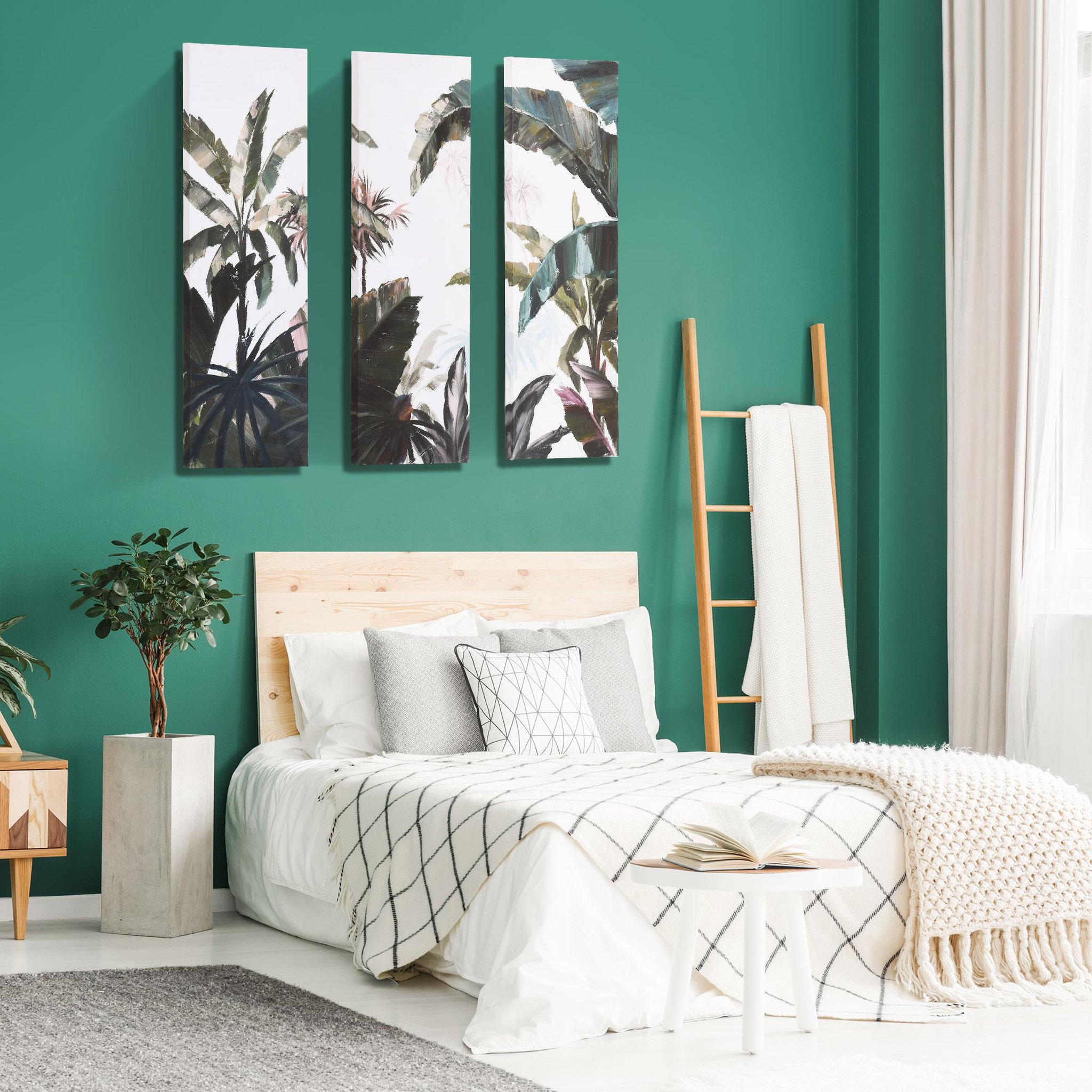 Voir la diapositive 2 : HOMCOM Triptyque imprimé et peint paysage tropical - dim. 90L x 30l cm (x3) - décoration murale - toile 100% polyester structure bois de pin encre vert blanc