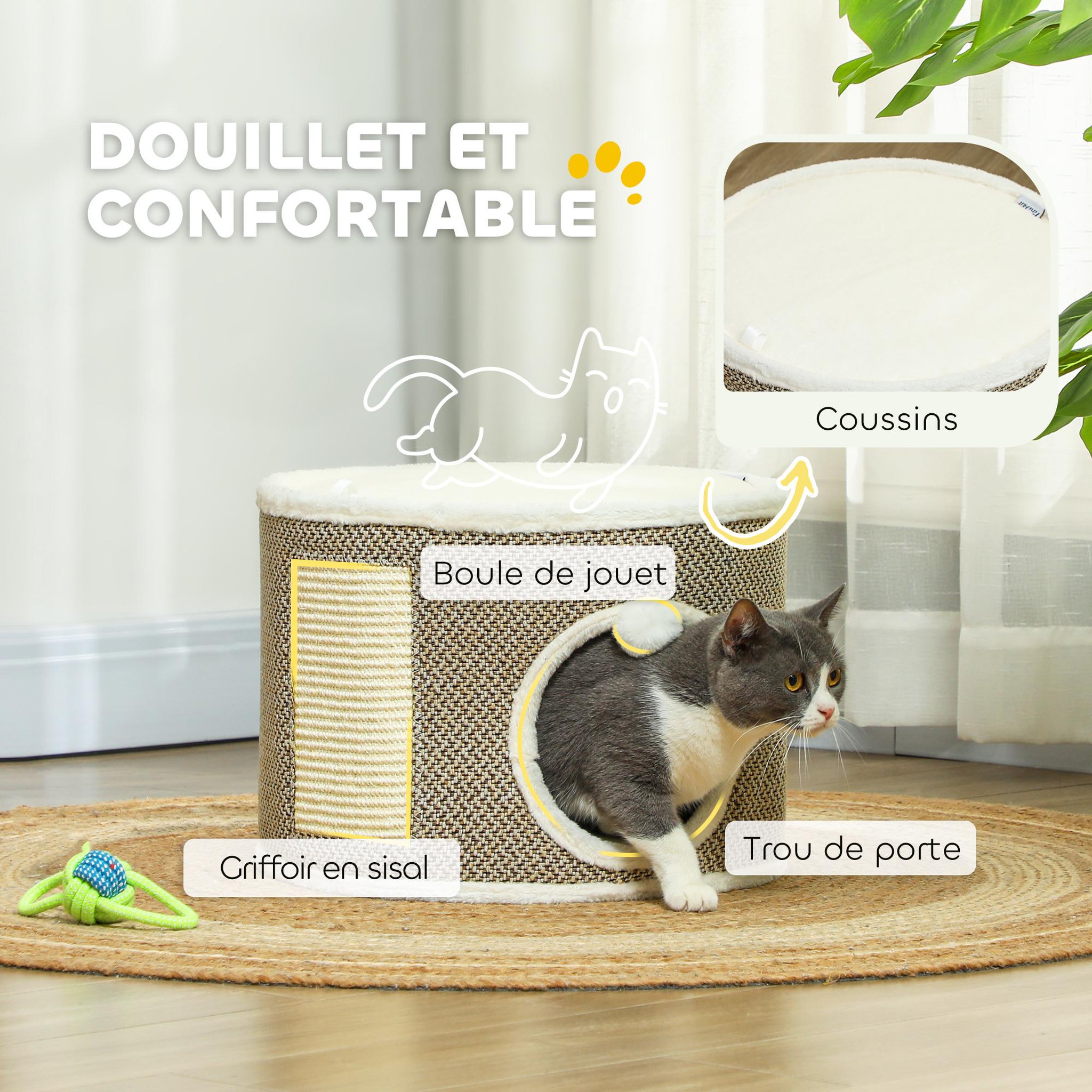Voir la diapositive 6 : PAWHUT Panier niche griffoir grattoir 4 en 1 - 2 coussins, pompon - sisal naturel peluche crème café