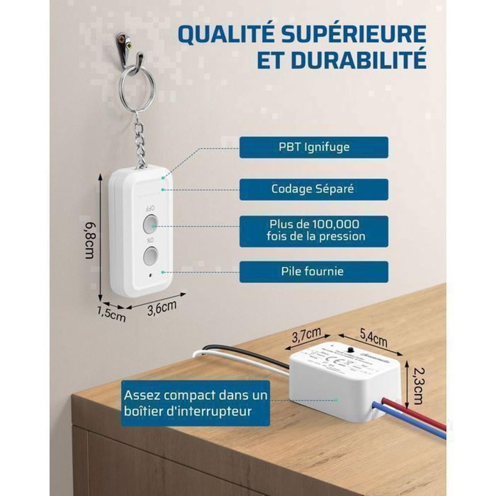 Voir la diapositive 5 : Kit interrupteur sans fil RF pour lampes 230 V 2300 W, 1 télécommande murale + 1 récepteur blanc, portée jusqu'à 30 m, fréquence 433,92 MHz