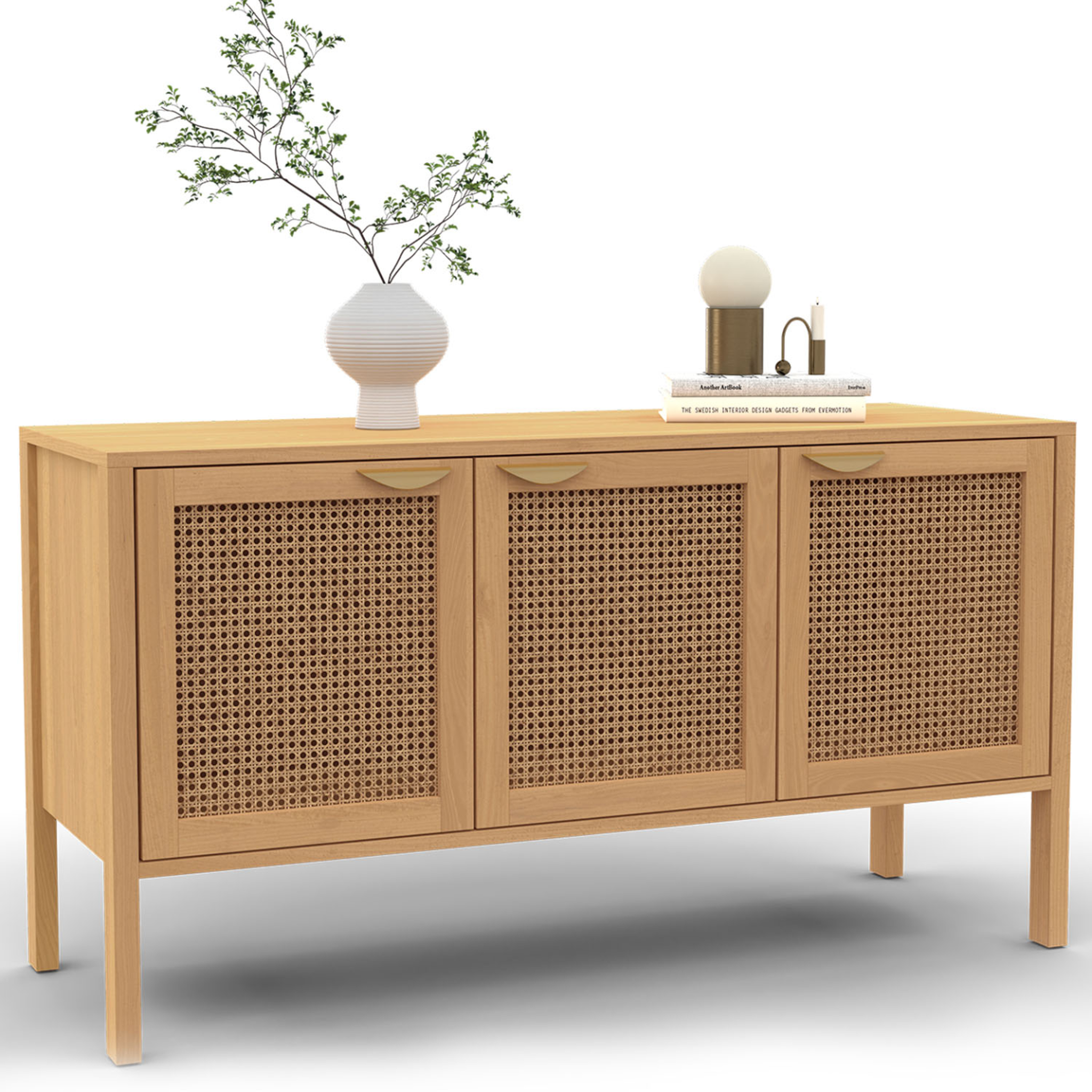 ID MARKET Buffet bas 110 cm EDHEN 3 portes bois et cannage