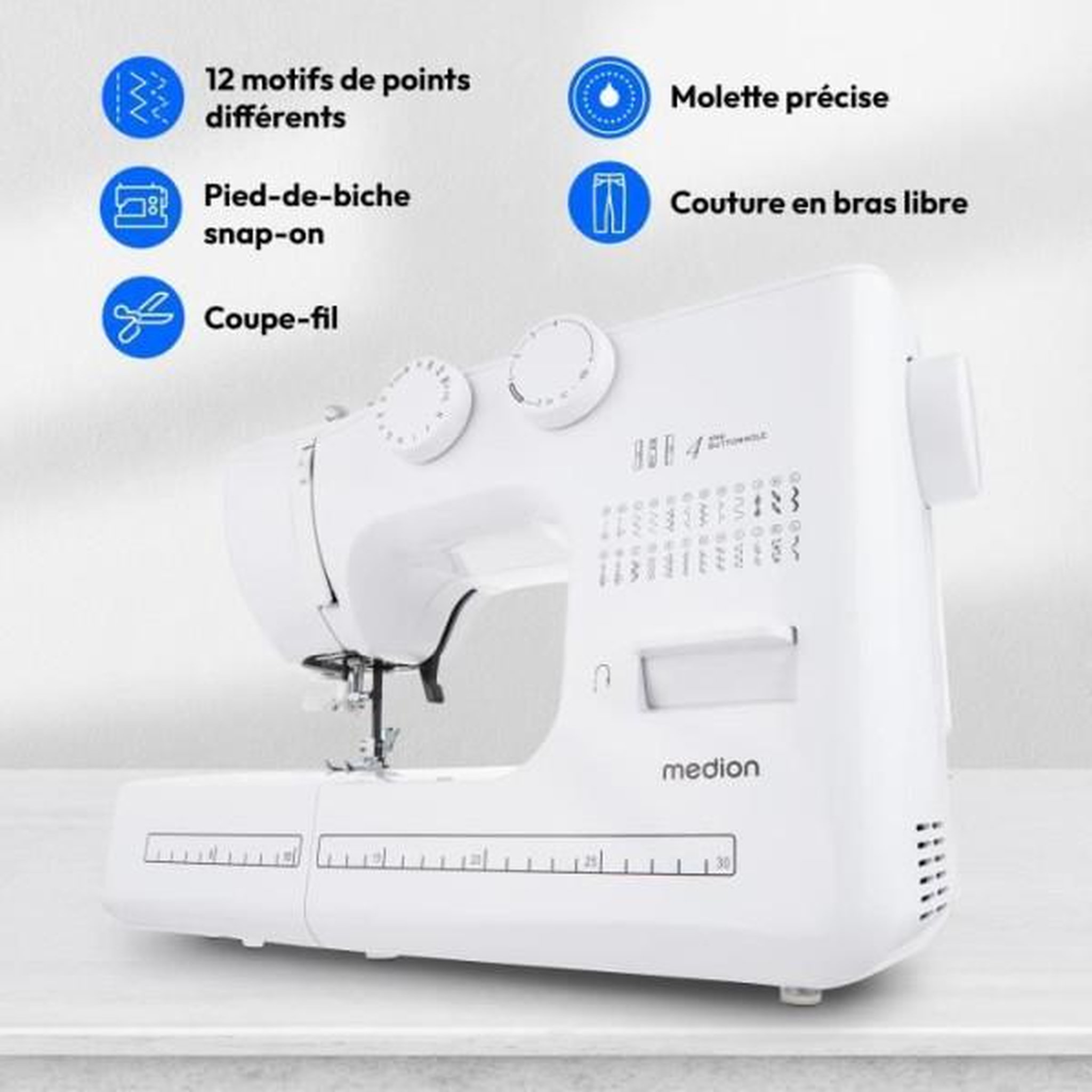 Voir la diapositive 2 : Medion Machine a Coudre Machine a Coudre - MEDION - SM 60 - 62W - 24 Points + Points Doubles - 700 tr/min - LED - Blanc