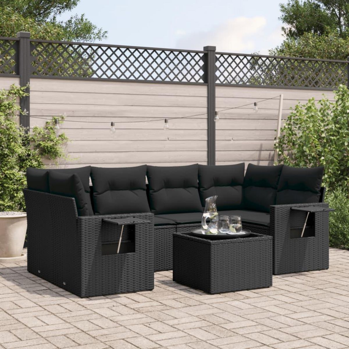 VIDAXL Salon de jardin 7 pcs avec coussins noir resine tressee