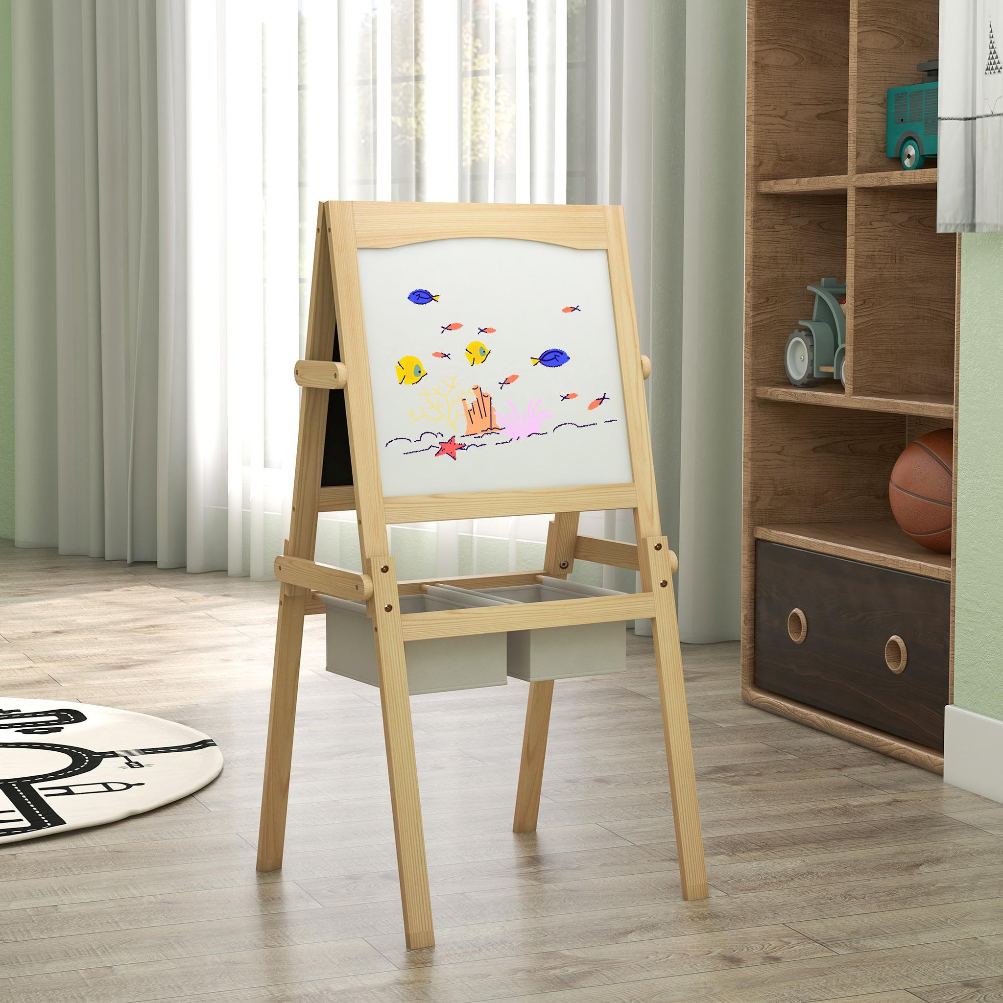 Voir la diapositive 2 : HOMCOM Tableau enfant - chevalet enfant - ardoise double face - tableau blanc tableau à craie - rouleau papier, 2 paniers rangement - MDF pin