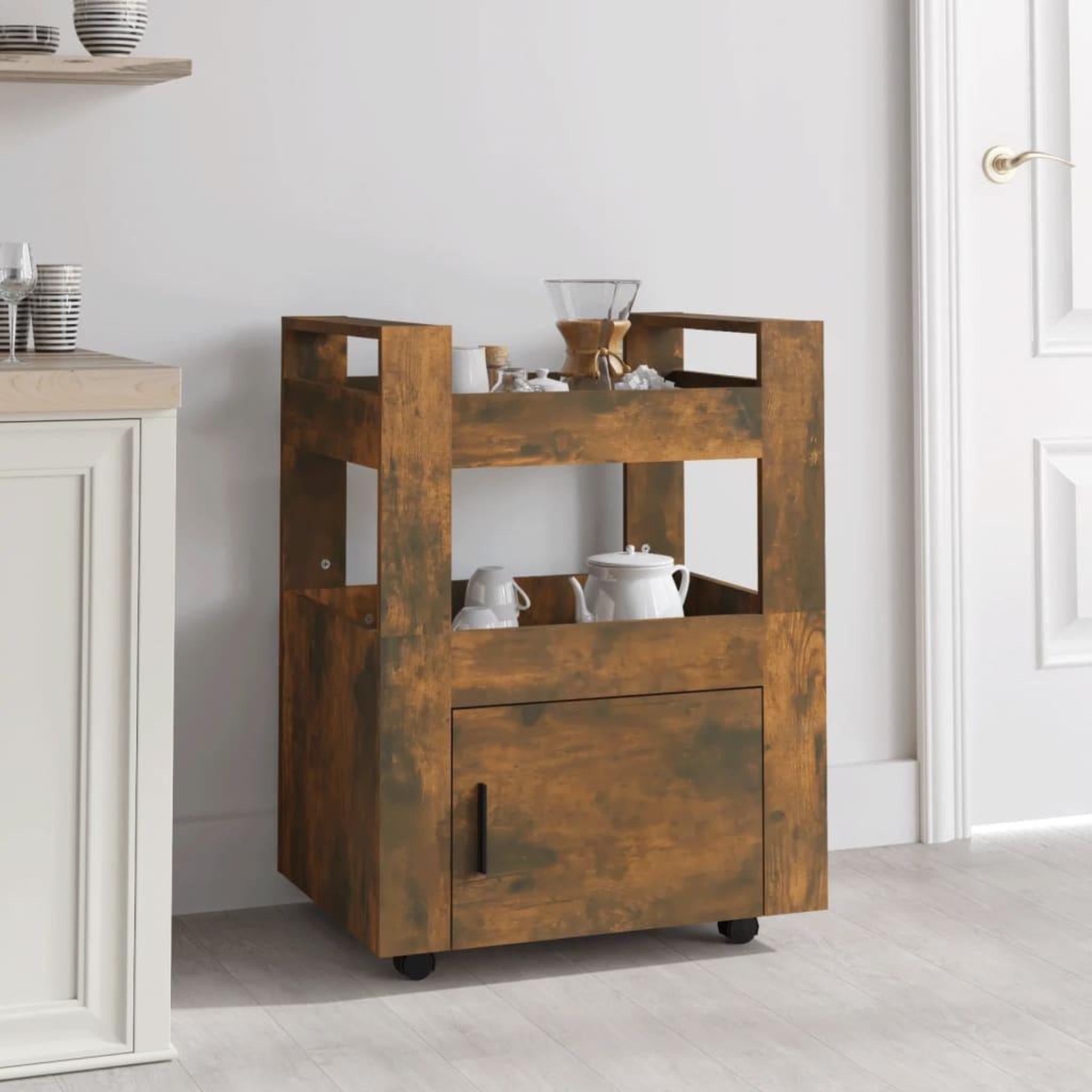 Voir la diapositive 1 : VIDAXL Chariot de cuisine Chene fume 60x45x80 cm Bois d'ingenierie
