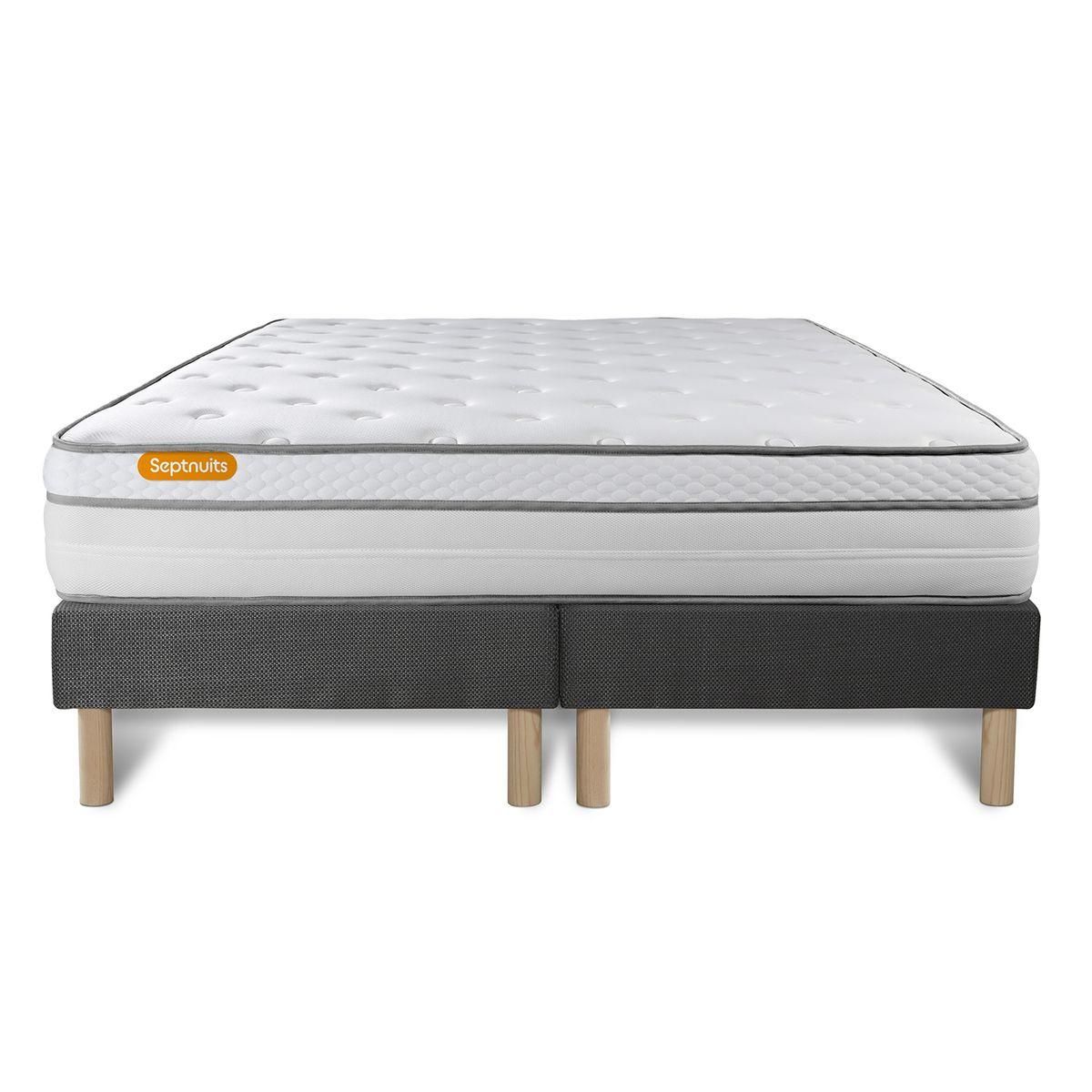 SEPTNUITS Matelas + double sommiers gris Memo Luxe Ressorts ensachés + mémoire de forme 5 zones de confort MAXI épaisseur